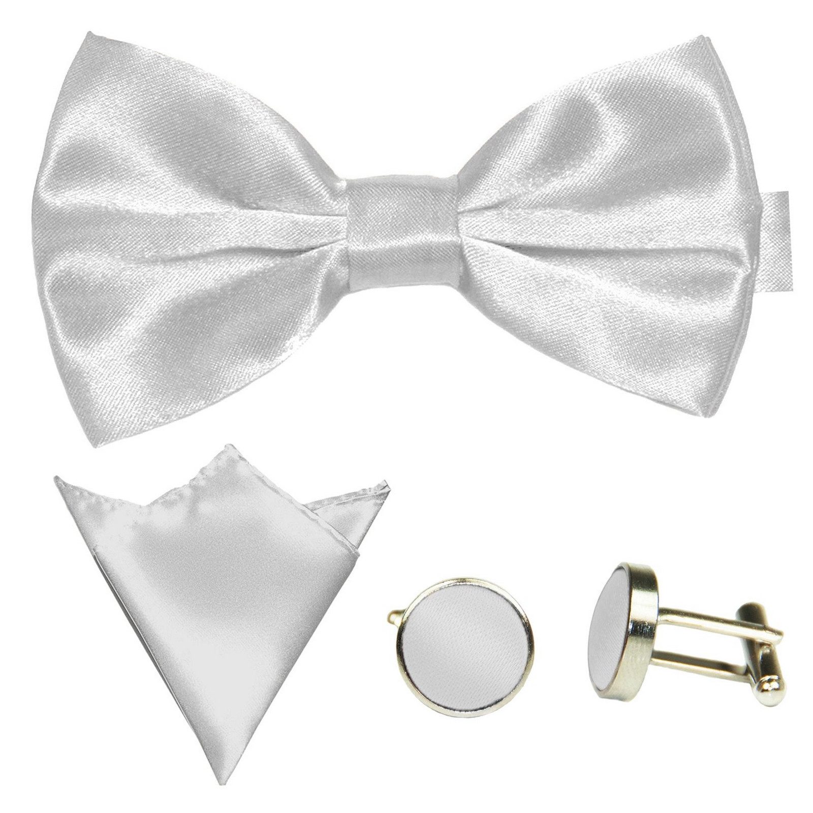 GASSANI Fliege Hochzeitsfliege, Herren-Schleife Kavalierstuch, Hochzeit Bräutigam (Set, 3-St., Бабочкиset, mit Einstecktuch, Manschettenknöpfe) Uni, Seide-Touch-Finish, Vor-Gebunden Verstellbar