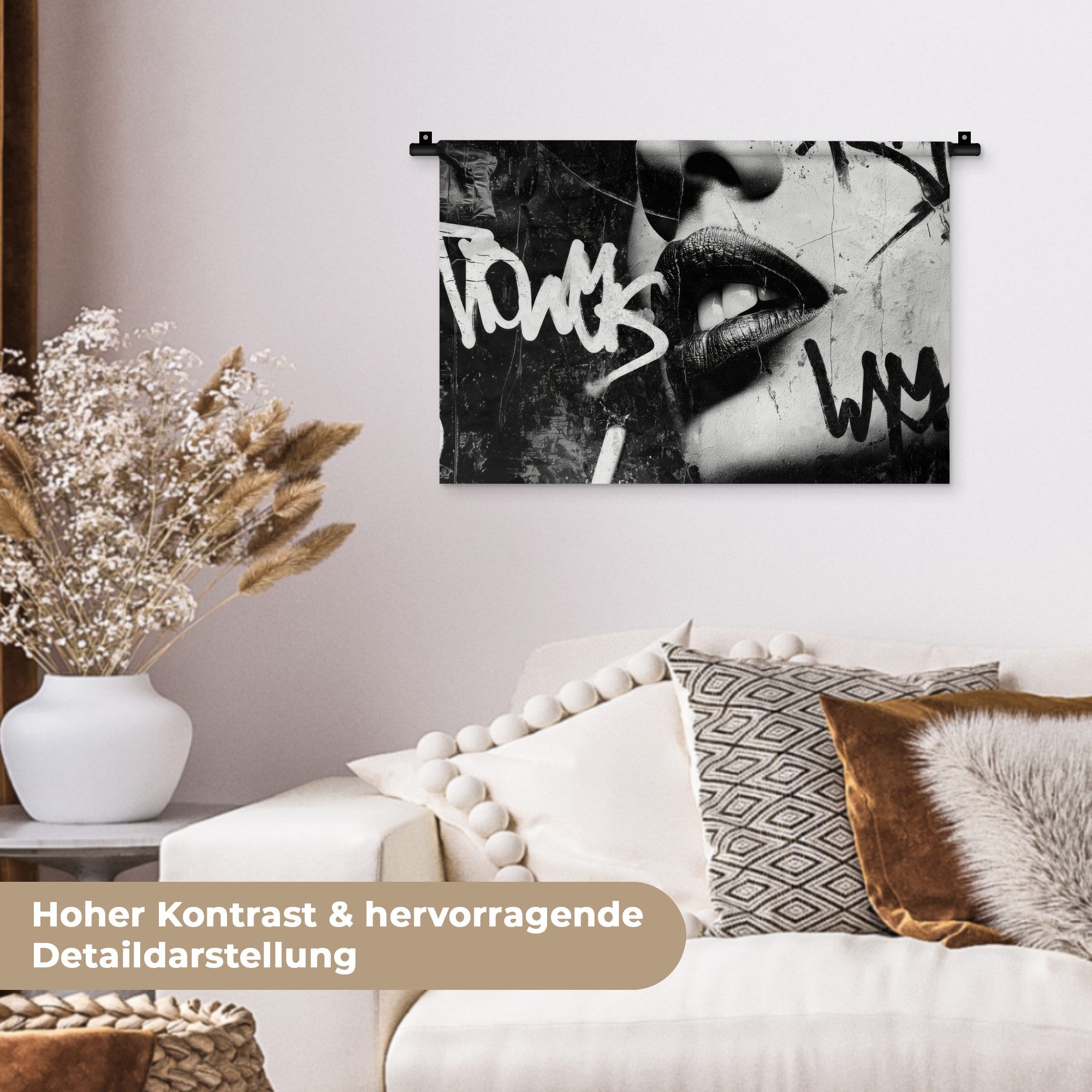 MuchoWow Wandteppich Gesicht - Mund - Graffiti - Schwarz, Rechteckig, Höhe: 3 mm, Wandteppich für Wohnzimmer, Schlafzimmer, 60x40 cm