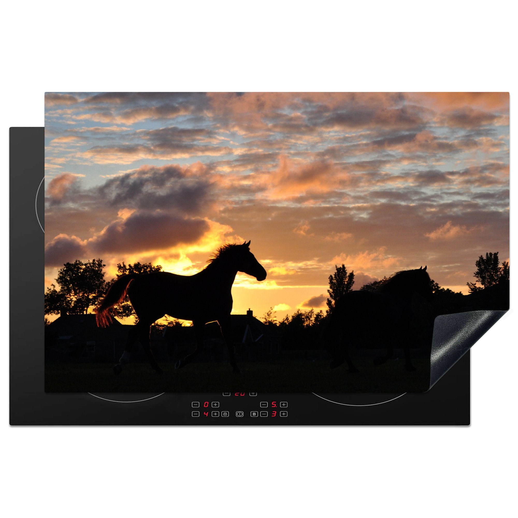 MuchoWow Herdblende-/Abdeckplatte Groningen - Pferd - Silhouette - Sonnenuntergang, Vinyl, (1 tlg), 81x52 cm, Induktionskochfeld Schutz für die küche, Ceranfeldabdeckung