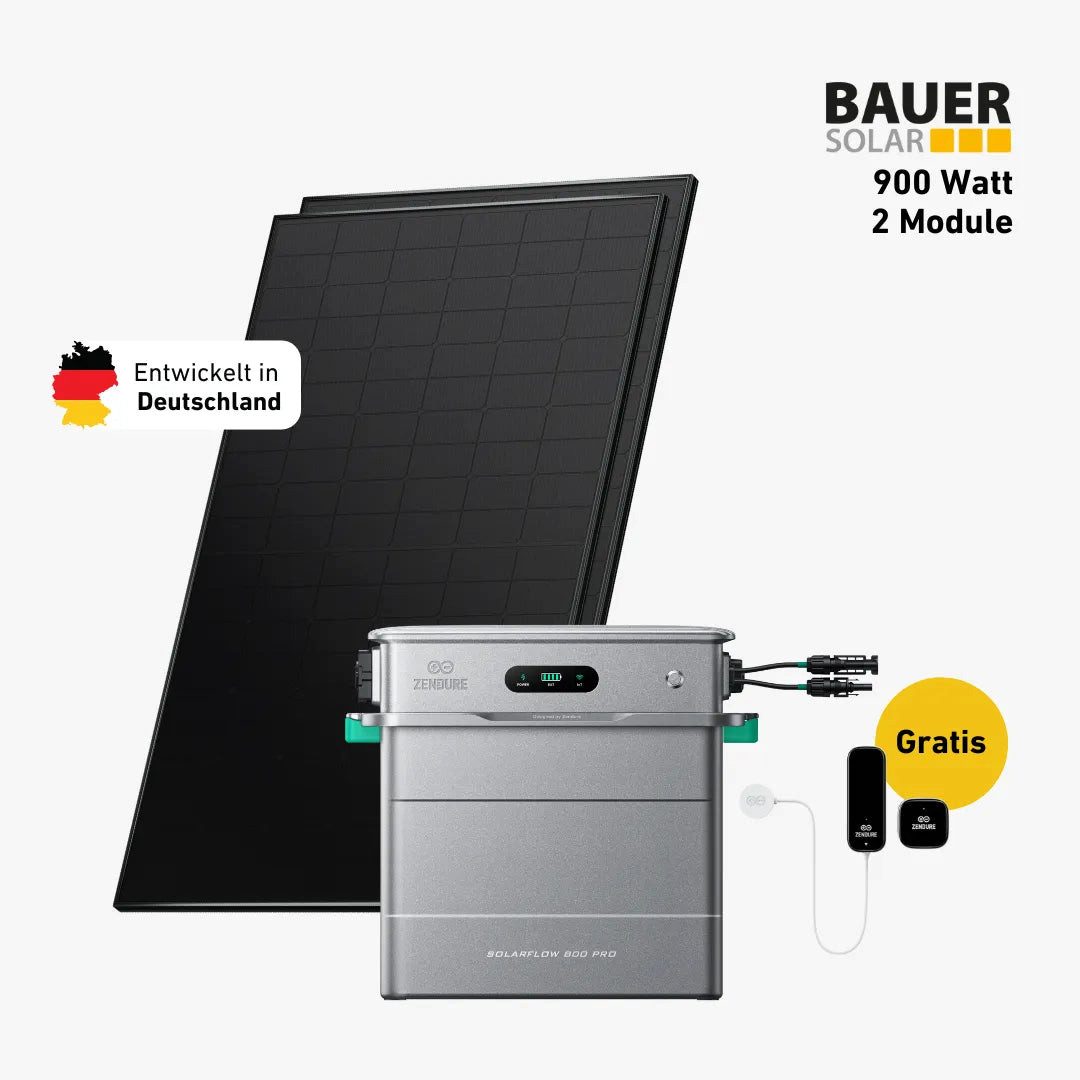 Balkonstrom Balkonkraftwerk 900W + Speicher, Zendure Solarflow 800 Pro, Komplettset, Bifazial, 900 W, Monokristallin, (Zendure Solarflow 800 Pro Stromspeicher), Made in Germany Kabel