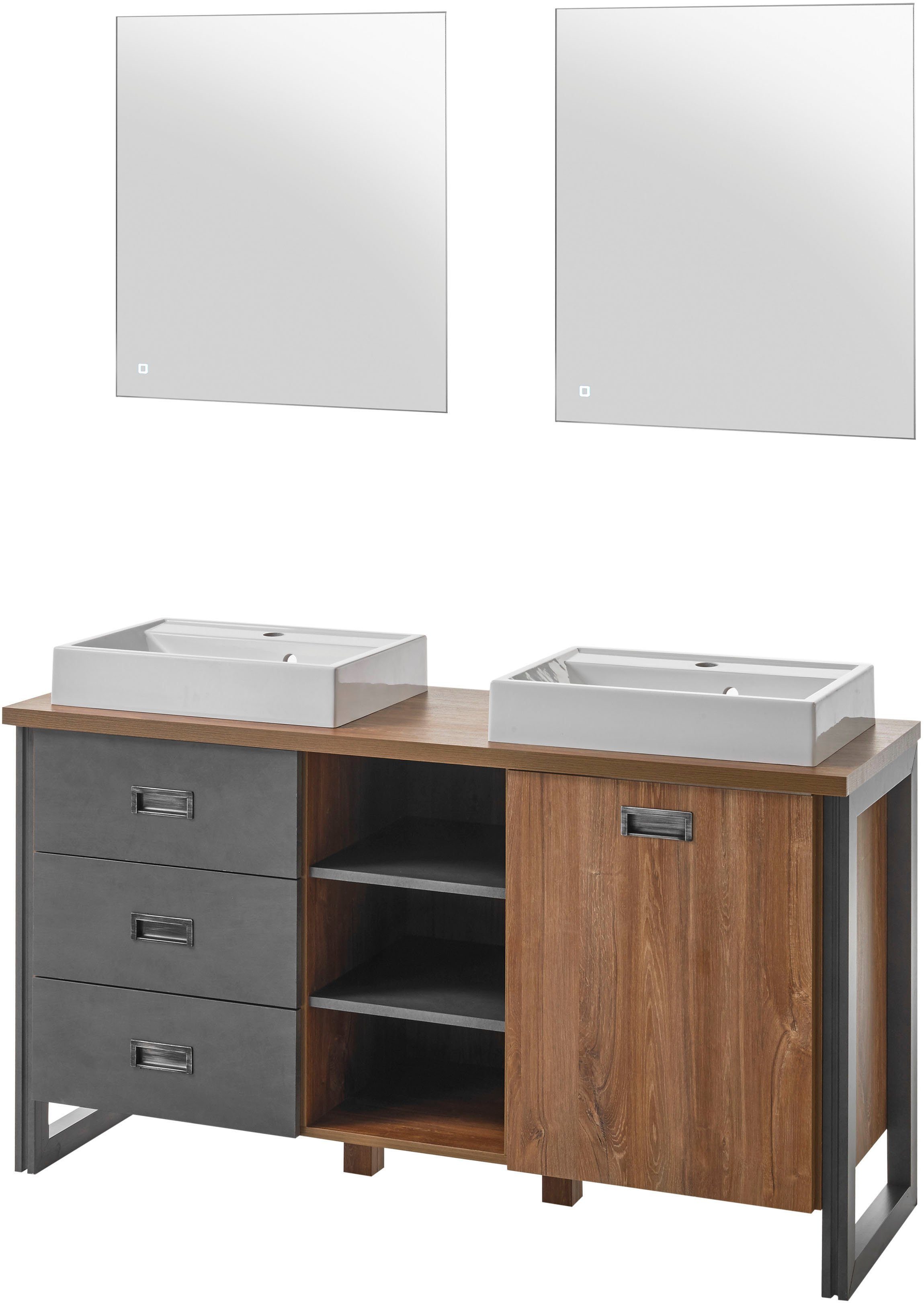 Home affaire Badmöbel-Set Detroit, Bad im Industrialdesign, inkl. LED, 2-teiliges Badezimmer, (3-St), Waschtisch und Spiegel, inkl. zwei Aufsatzwaschbecken aus Mineralguss