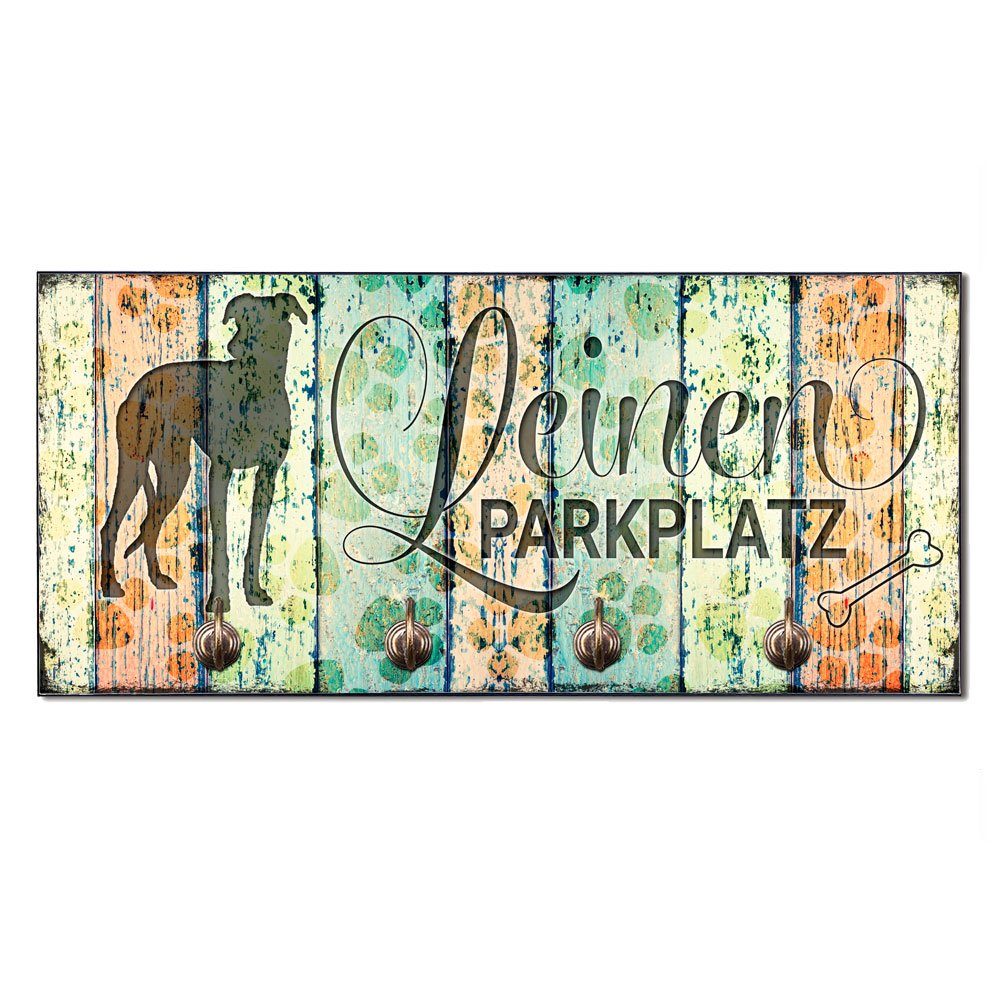 Cadouri Wandgarderobe LEINEN PARKPLATZ (Galgo) Hundegarderobe (Garderobe mit 4 Haken für Hundezubehör), MDF, mit abgeschrägten Ecken, handgefertigt, für Hundebesitzer