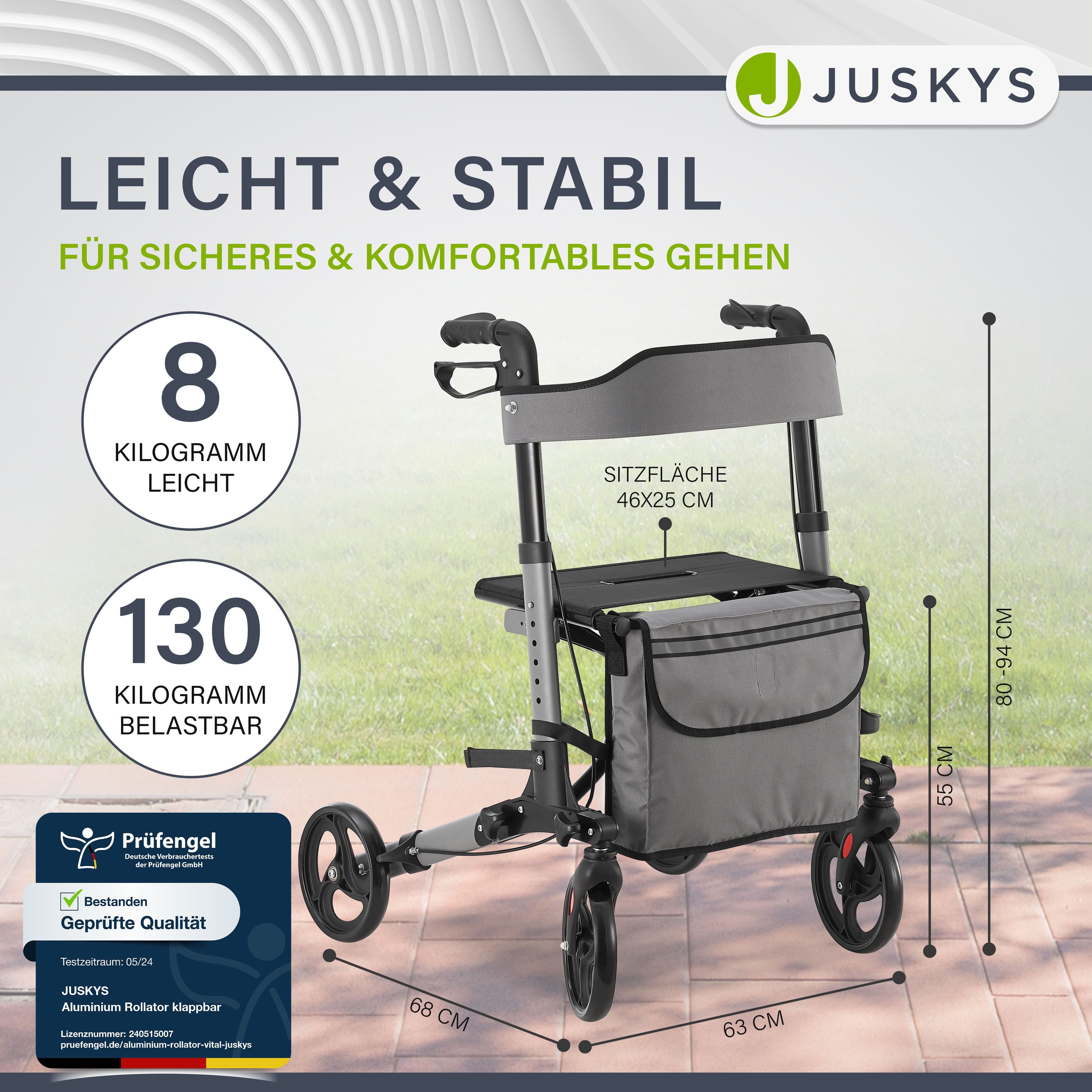 Juskys Rollator Vital, klappbar, mit Sitz, Einkaufstasche und Gehstockhalterung