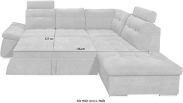 ED EXCITING DESIGN Ecksofa Nalo L-Form, mit Bettfunktion, Bettkasten, Kopfstützen, Nierenkissen etc.