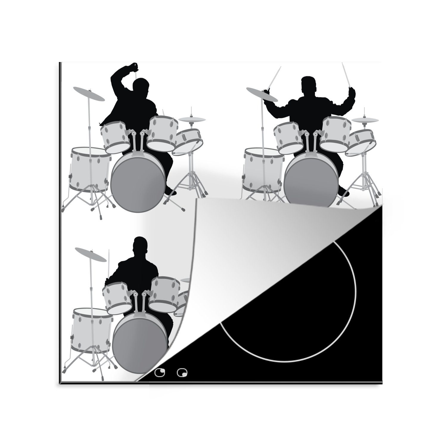 MuchoWow Herdblende-/Abdeckplatte Vier Abbildungen einer Person hinter einem Schlagzeug in Schwarz-Weiß, Vinyl, (1 tlg), 78x78 cm, Ceranfeldabdeckung, Arbeitsplatte für küche