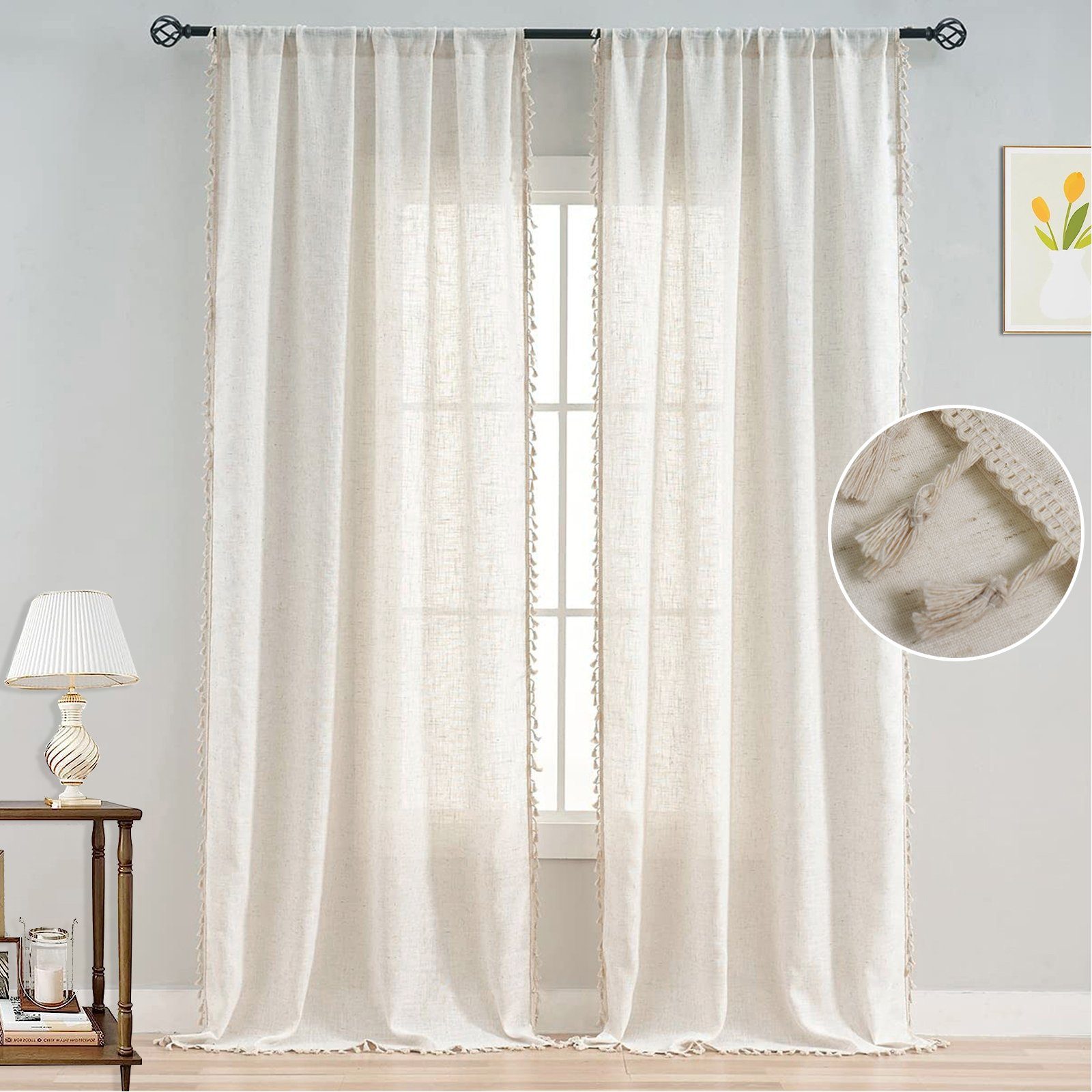 BTTO V&G Gardine Retro Vorhänge mit Quasten,Voile Gardinen Boho Vorhänge (1 günstig online kaufen