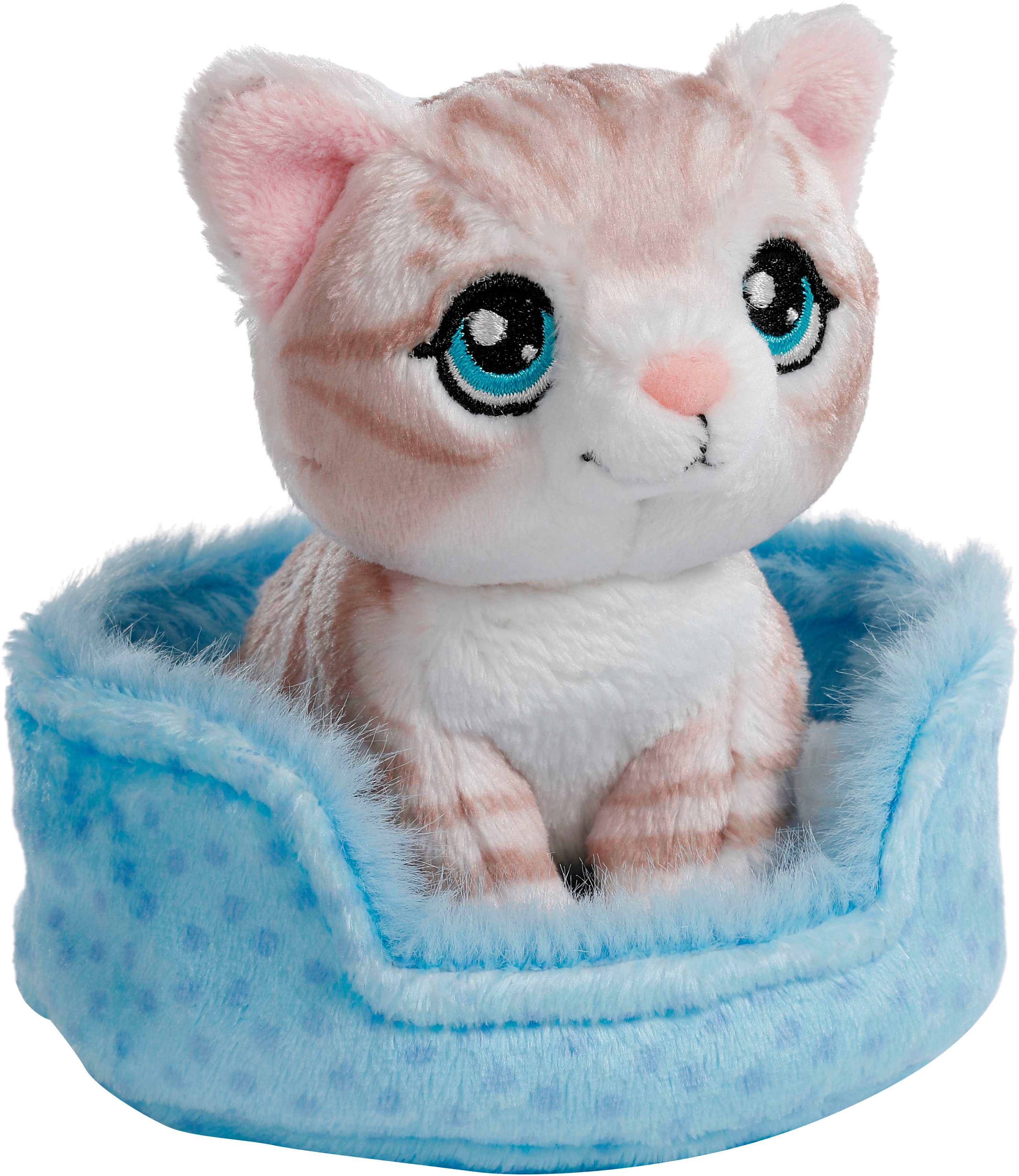 Nici Kuscheltier Little Paws, Katze grau getigert, 12 cm, im Körbchen blau