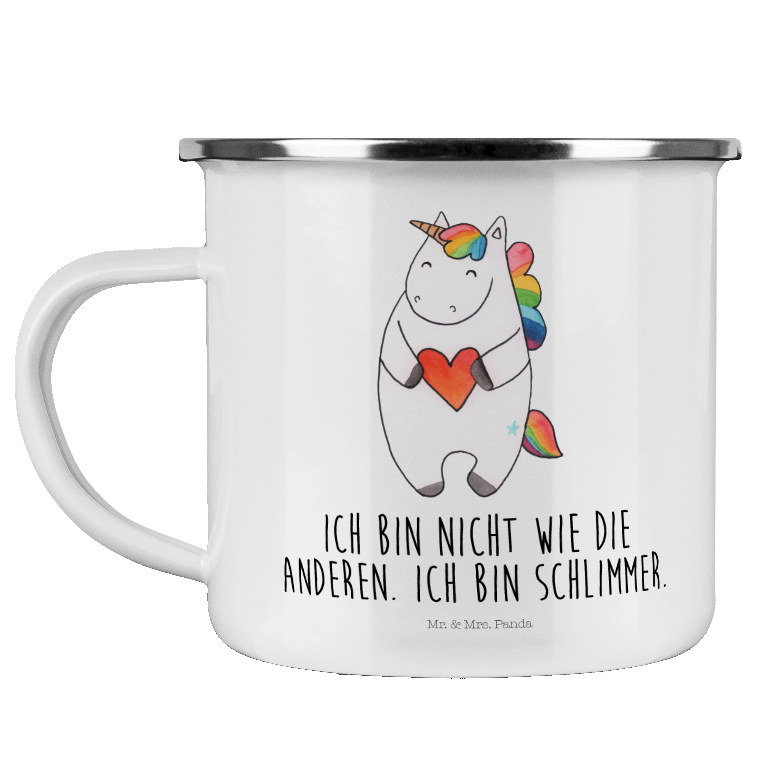 Mr. & Mrs. Panda Becher Einhorn Herz - Weiß - Geschenk, Unicorn, Einhörner, Einhorn Deko, Peg, Emaille