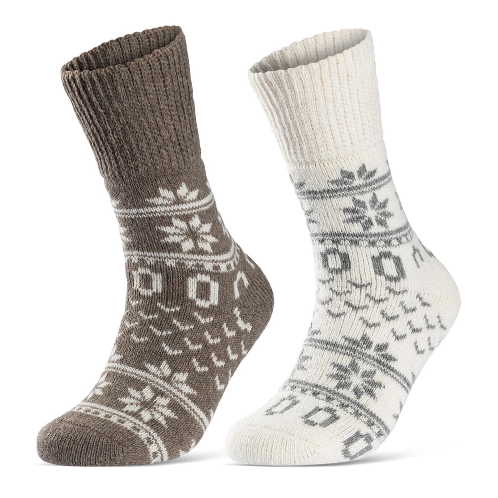 sockenkauf24 Norwegersocken 2 Paar Wintersocken Damen & Herren Kuschelsocken warme Wollsocken (WEISS-BRAUN, 35-38) Haussocken - 21212 WP