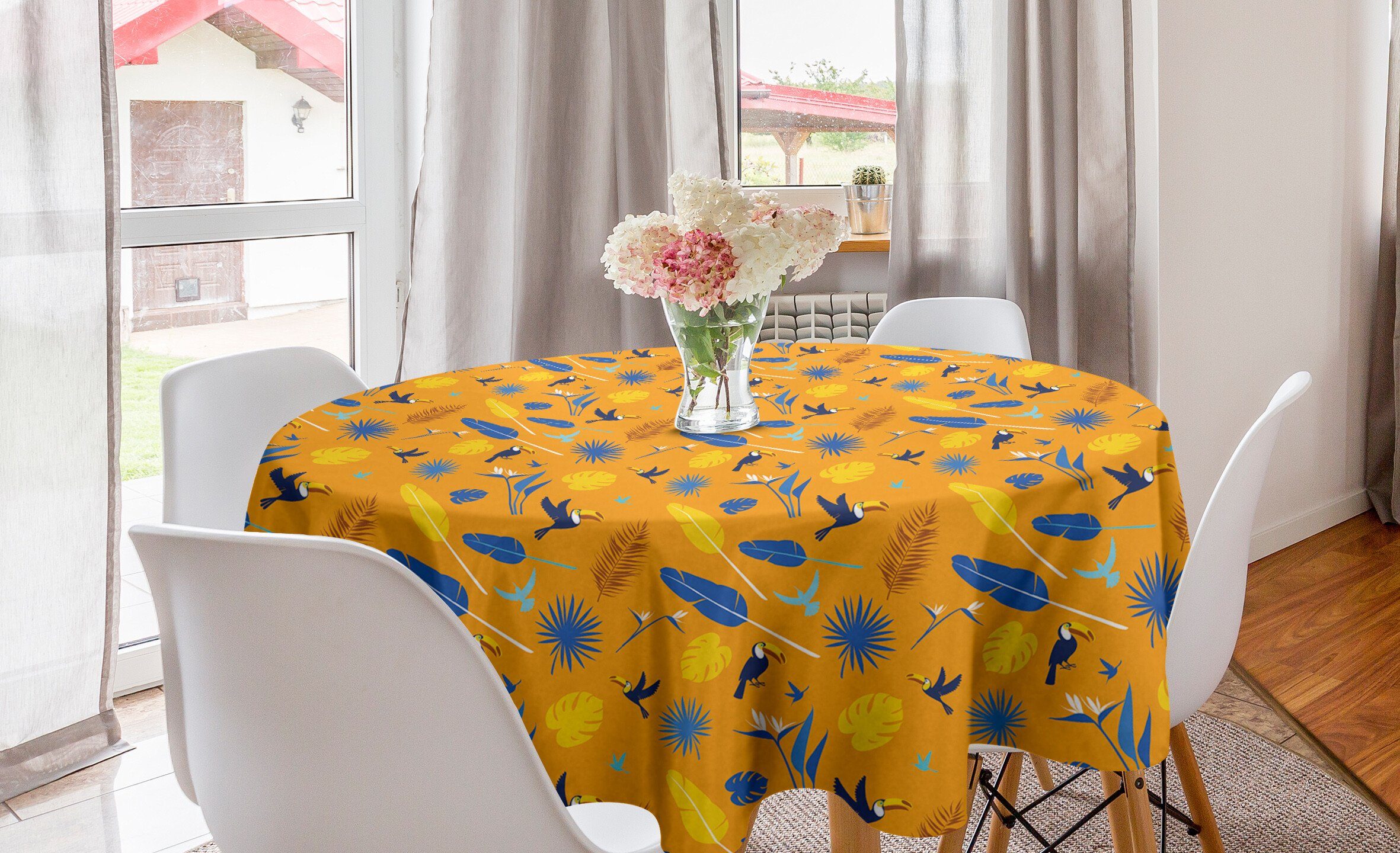 Abdeckung für Tischdecke Tischdecke Kreis Dschungel Blatt Küche Gelb Orange Abakuhaus Esszimmer Dekoration, und Vögel