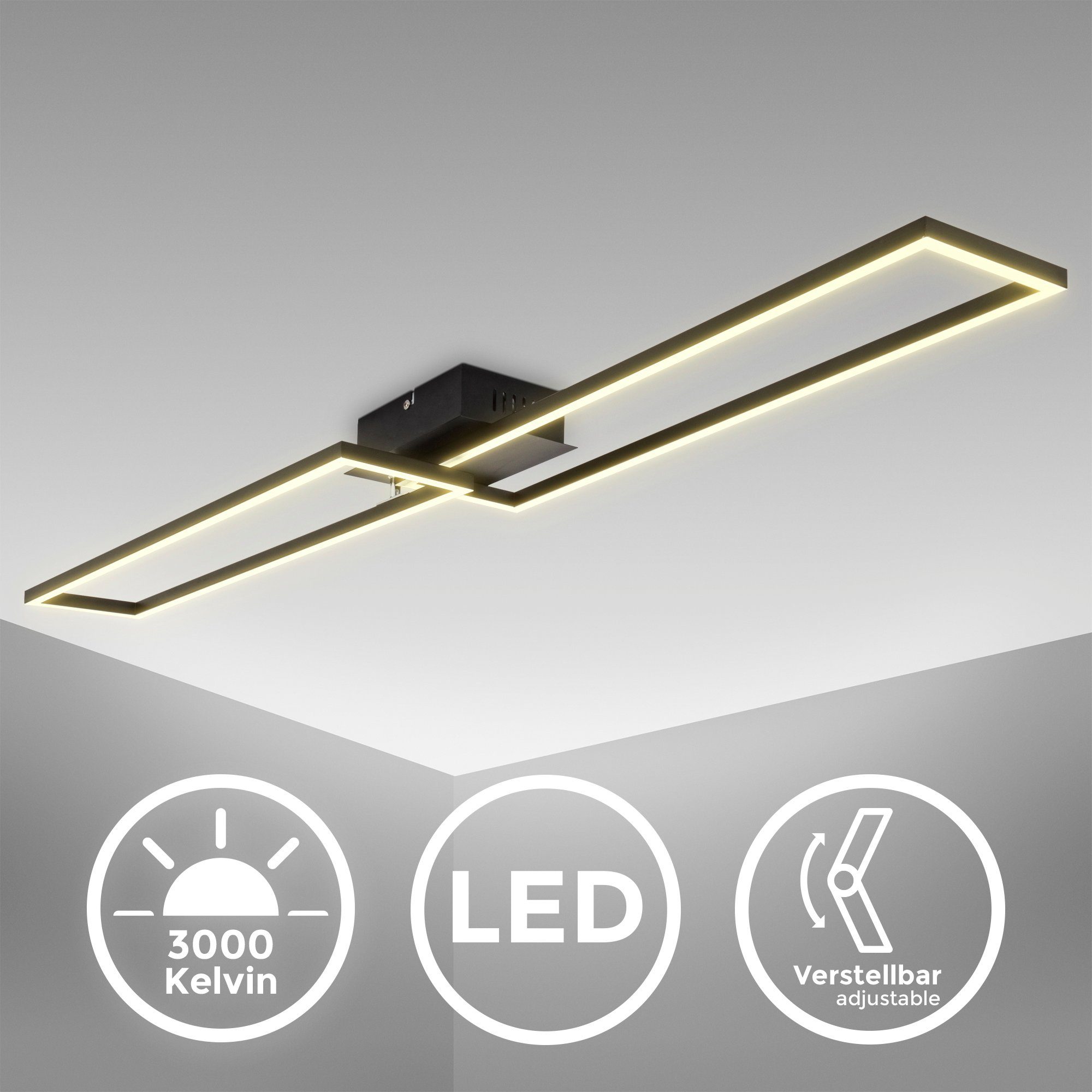 B.K.Licht LED Deckenleuchte BK_FR1503 Büro-Deckenlampe, integriert, 40 4000 Licht, Lm, 2-flammig, Schwarz Watt, warmweißes LED-Frame, fest 3.000K Warmweiß, LED