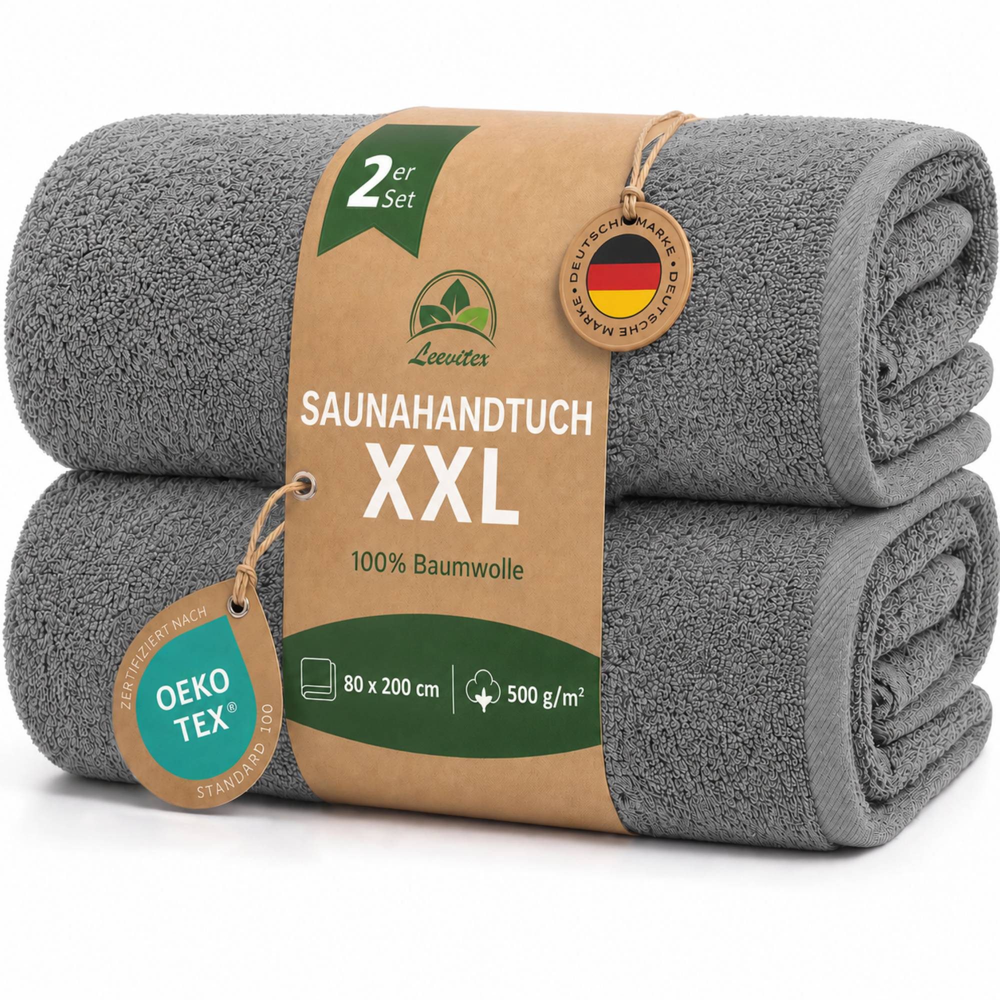 leevitex® Saunatuch, 80x200 cm, 100% Baumwolle, saugstark und fusselfrei, Frottee (Set, 2-St), OEKO-TEX® STANDARD 100 zertifiziert, gestreifte Bordüre