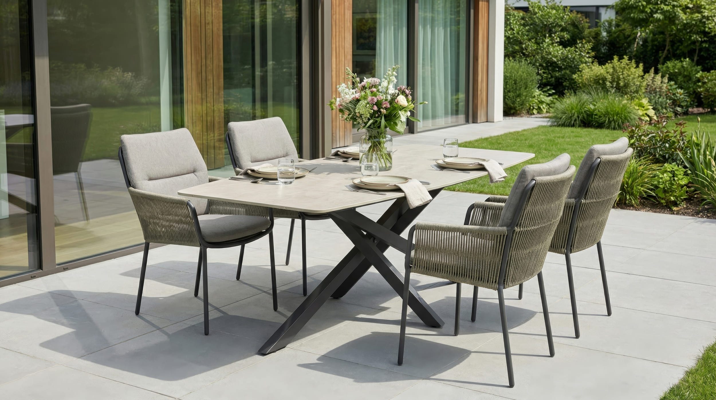 LC Garden Gartenlounge-Set Gartenset »Como« Gartentisch 200cm Beton-Optik mit Armlehnstühlen Rope, (4-tlg)