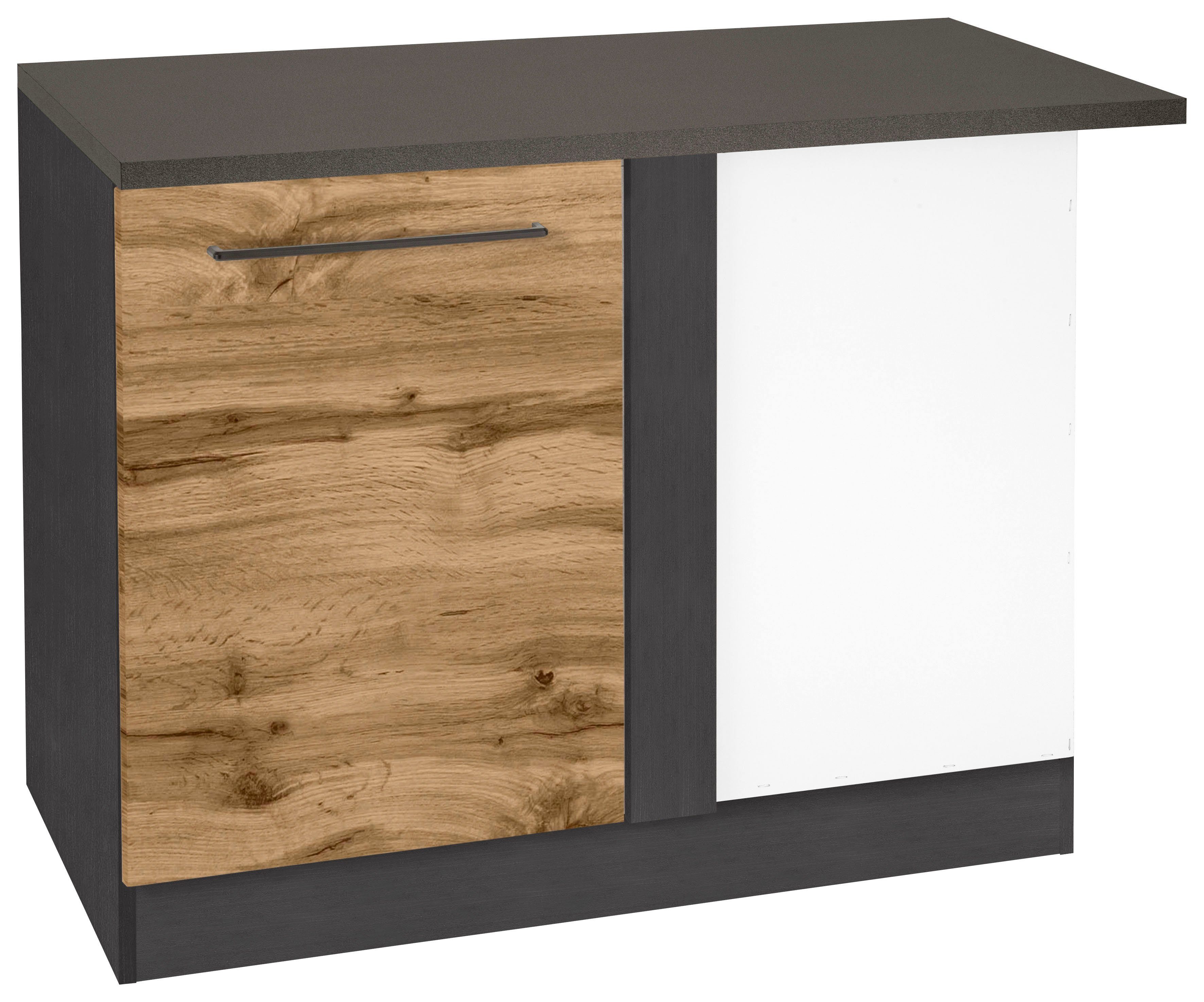 KOCHSTATION Eckunterschrank KS-Tulsa 110 cm breit, 1 Tür, schwarzer Metallgriff, hochwertige MDF Front