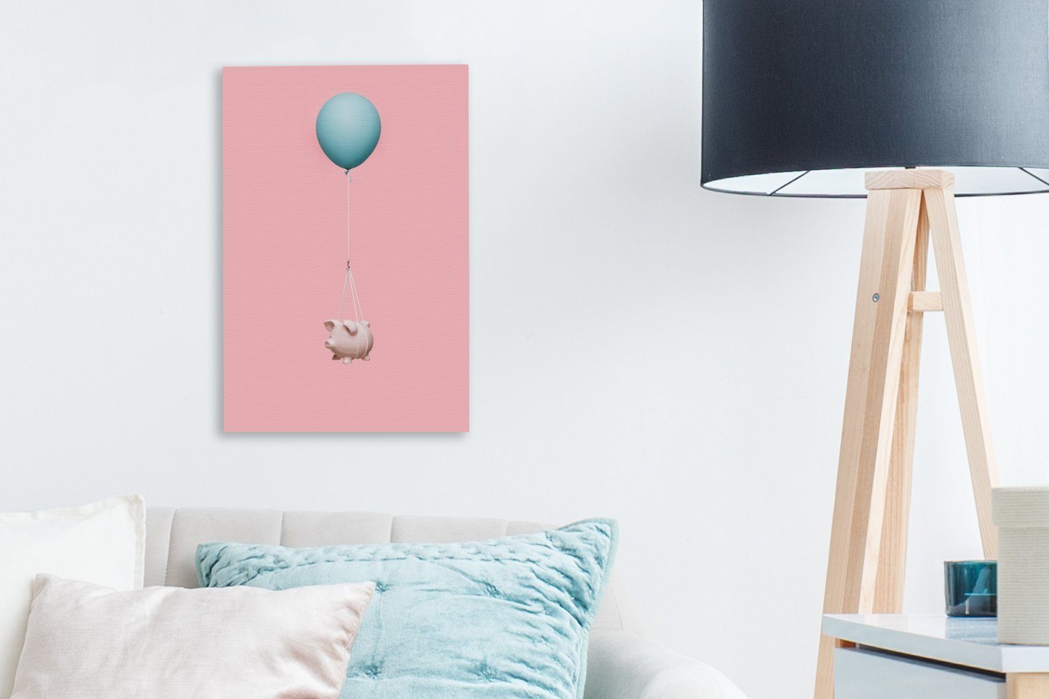 Zackenaufhänger, (1 inkl. St), Gemälde, 20x30 Leinwandbild OneMillionCanvasses® cm auf fertig Leinwandbild bespannt Sparschwein Ballon,