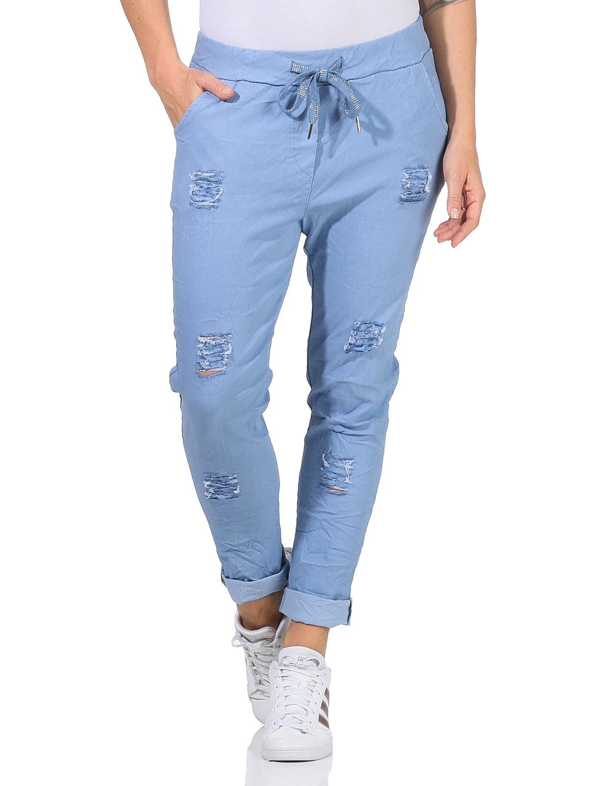 Chino Damenhose elastischer mit Kordelzug Look Sommerliche Jeans Gummibund Used mit Taschen, Damenmode Aurela im Kordelzug (1-tlg) Schnürung, Hose Chinohose