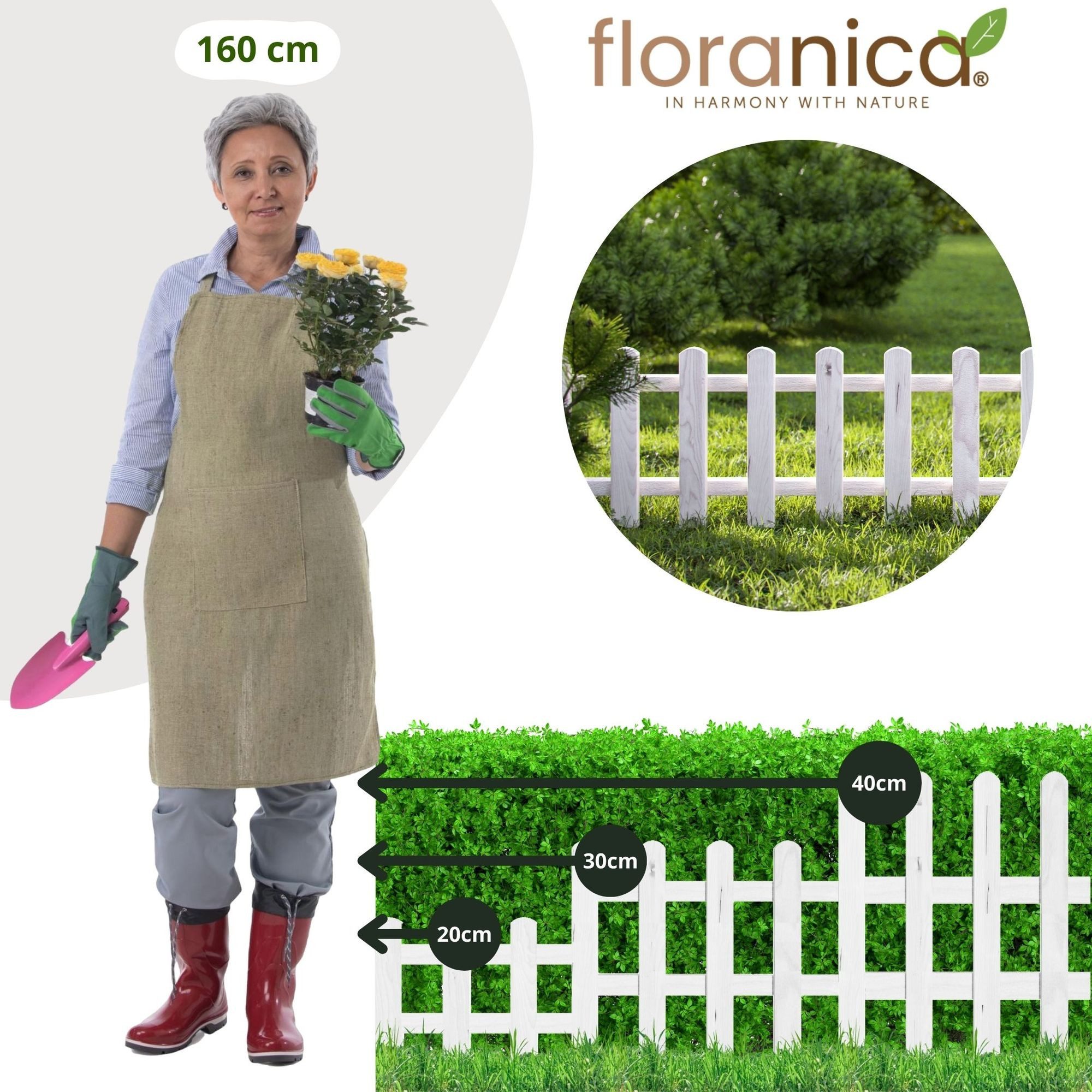 Floranica Zierzaun Vorgartenzaun, Beeteinfassung, Beetumrandung, Steckzaun Zierzaun, (40 x 100 cm, 4-St., Weiß), Gartenzaun aus Holz für Wege Beeten, Dekozaun Lattenzaun