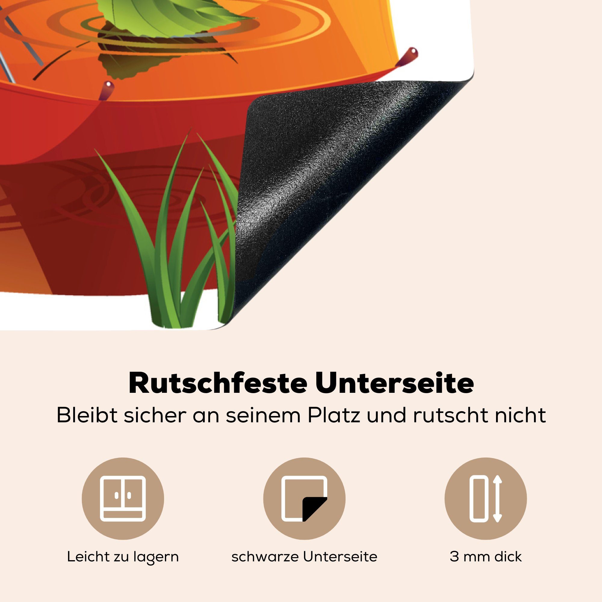 MuchoWow Herdblende-/Abdeckplatte Eine tlg), Regenschirms Illustration 78x78 für (1 Vinyl, küche orangefarbenen Arbeitsplatte cm, unter Ceranfeldabdeckung, einem, eines