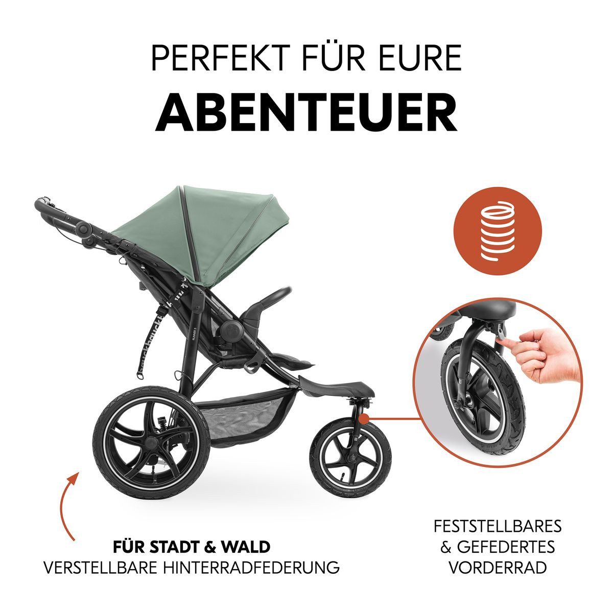 Hauck Sportbuggy Runner 3 - Jungle Green, Sportwagen mit Luftreifen, Liegefunktion & Zubehör - höhenverstellbar