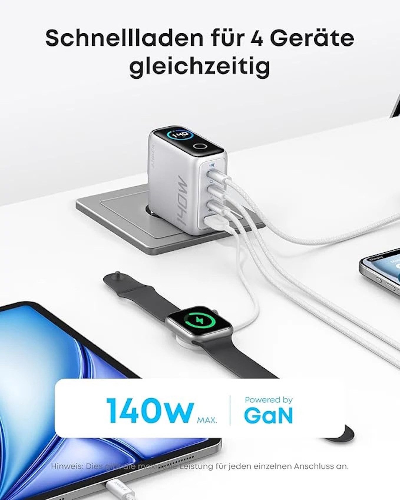 Anker Anker 140W USB C Ladegerät 4-Port Multi-Geräte Schwarz USB-Ladegerät (140W Ladung für bis zu 4 Geräte)