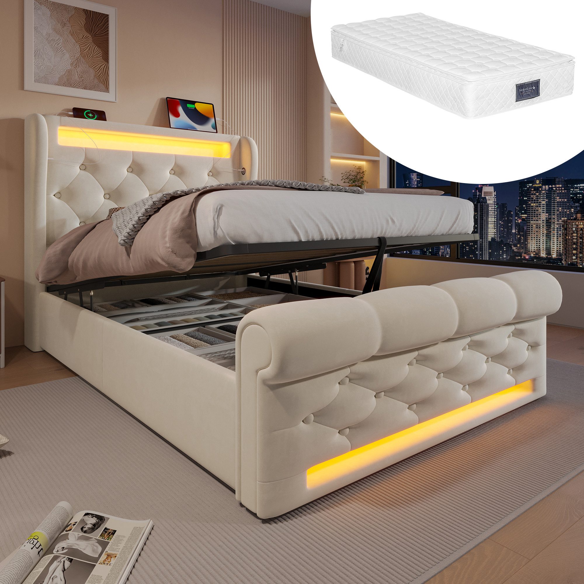 STILVORA Polsterbett 90x200 Einzelbett mit LED,Stauraumkopfteil,USB&TYPE-C, günstig online kaufen