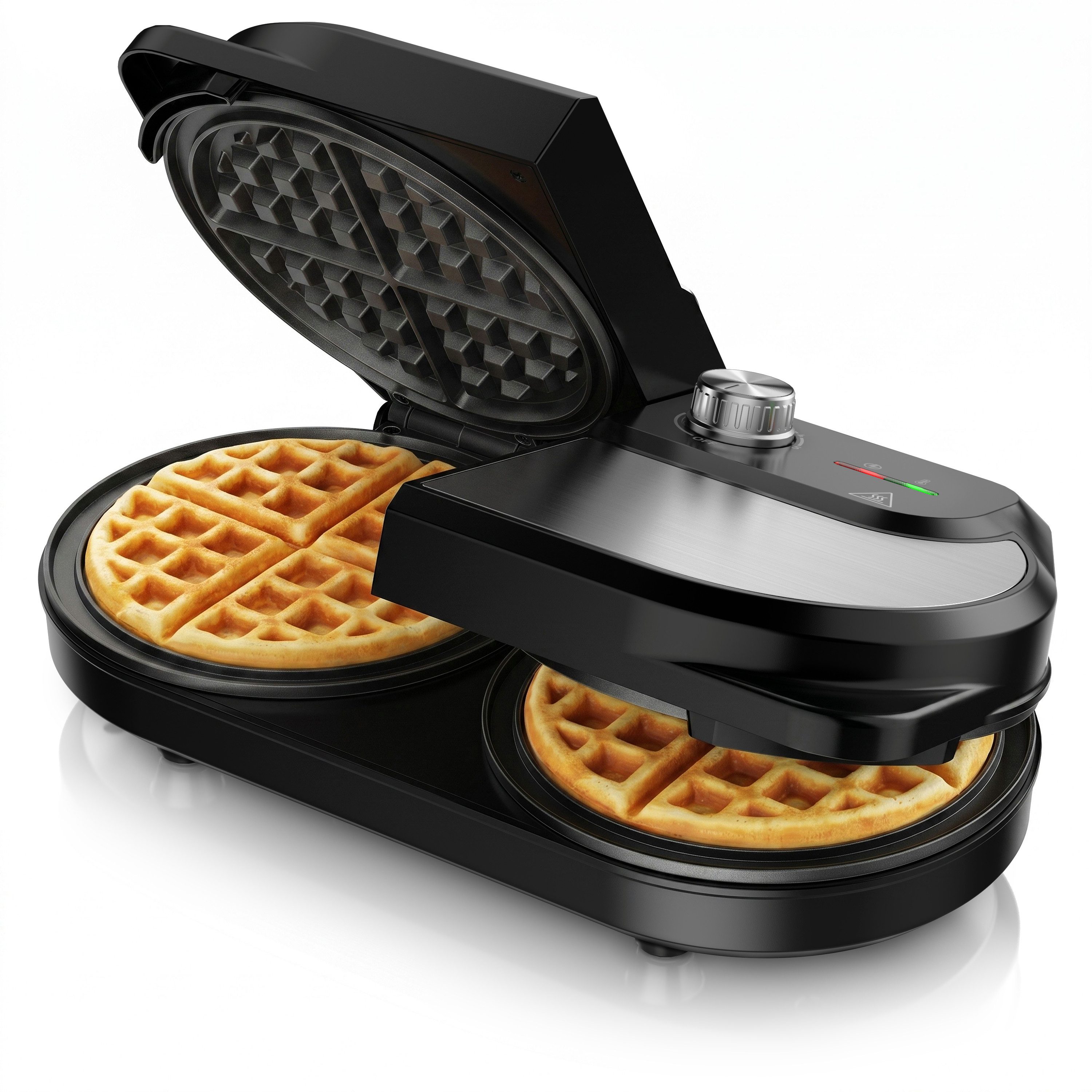 Arendo Waffeleisen Waffeleisen doppelt für 2 Belgische Waffeln, 1400 W, Temperaturregler, 1400 W, 2 Zonen, Antihaftbeschichtung, Edelstahl, silber/schwarz, BPA-frei