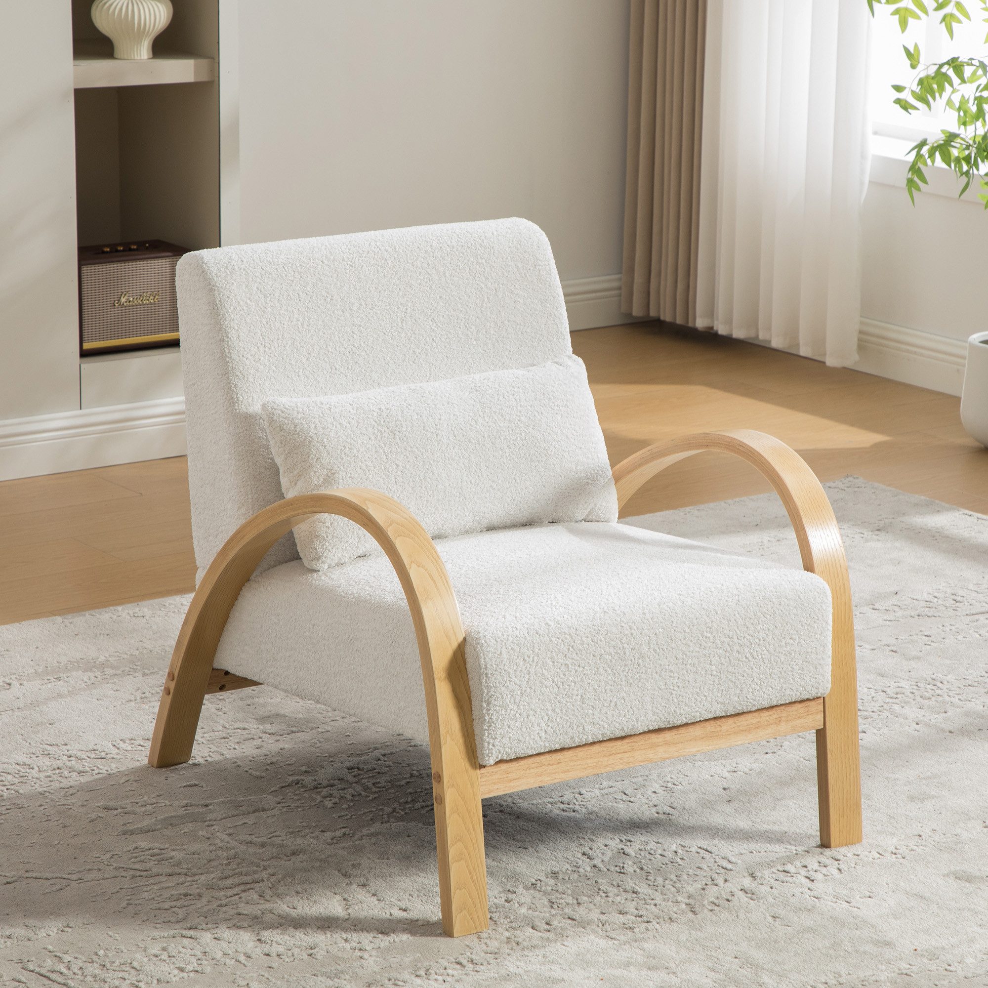 ibettertec Loungesessel Armloser Loungesessel aus Chenille-Stoff mit massiven Holzbeinen (weißer Akzentstuhl für Wohnzimmer, Schlafzimmer, Balkon), modernes Design mit samtartiger Haptik