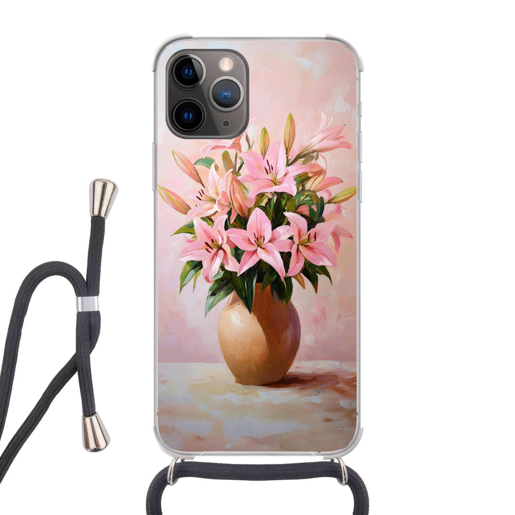 MuchoWow Handyhülle für Apple iPhone 13 Pro Max Vase - Blumen - Rosa, Tragbare Handyhüllen mit Kette zum umhängen, Handykette Handyband