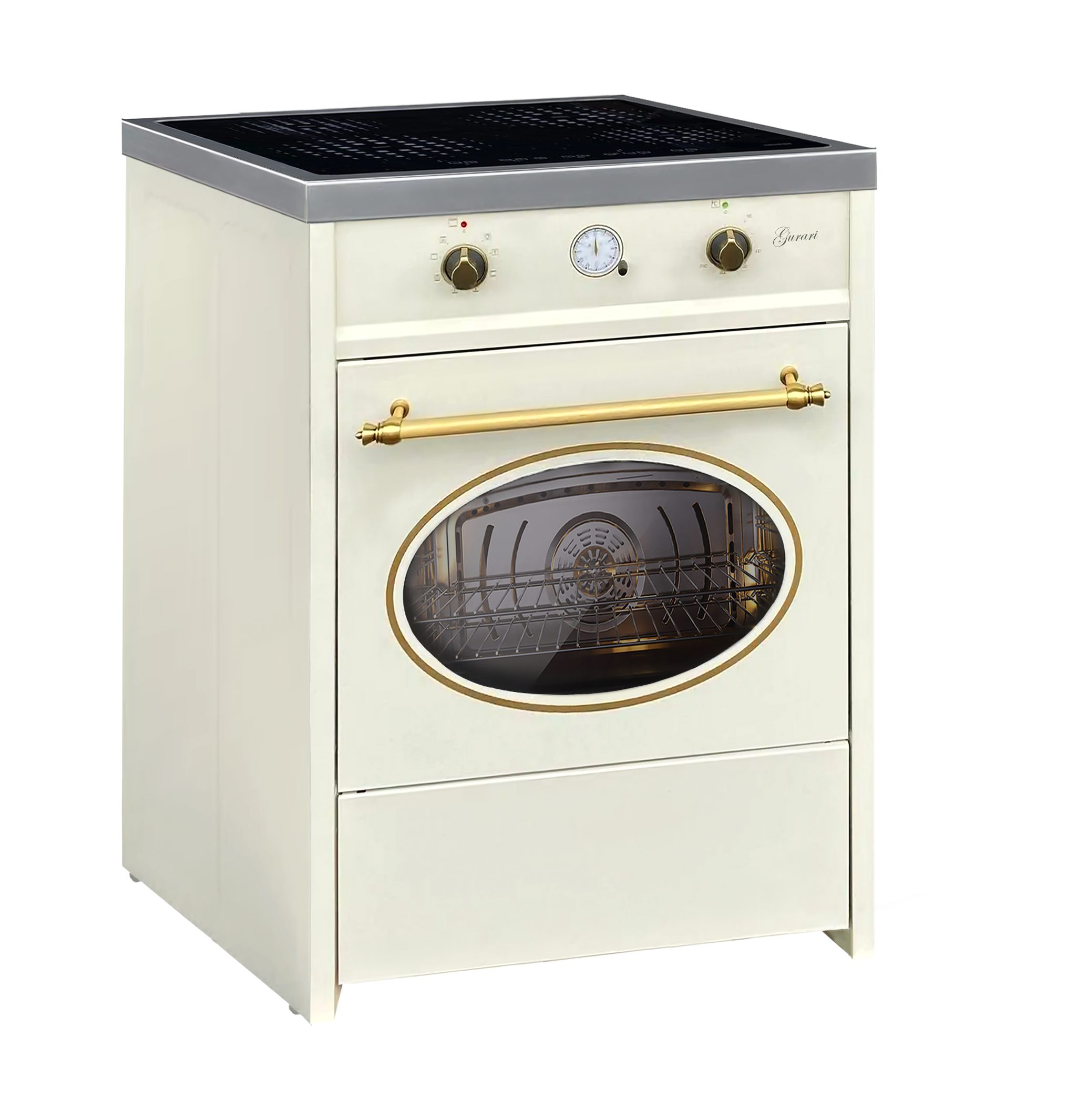 GURARI Induktions-Standherd 60 cm, 60 L Retro Range Coocker in Creme GCH E 612+Grillplatte, Standherd mit Induktionskochfeld, mit 1-fach-Teleskopauszug
