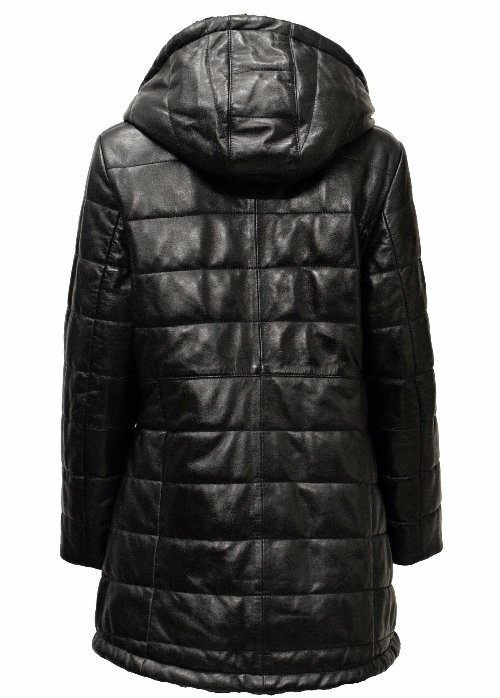 Zimmert Leather Ledermantel Vanessa washed Lammnappa, Kapuzenkragen, Steppmantel, Schwarz, Fell – Bild 3 von 5