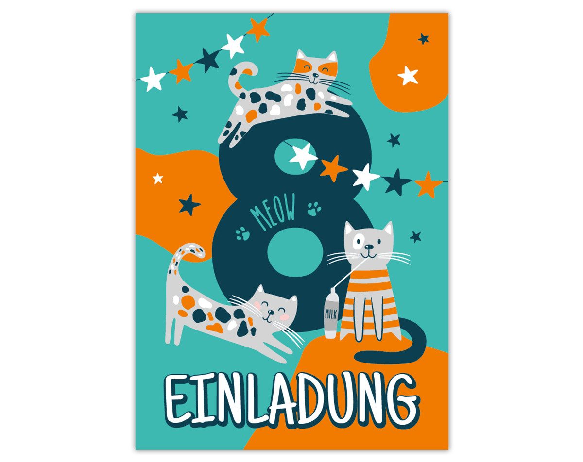 Einladungskarten Katzen Einladungen zum 8. Kindergeburtstag Katze Karten Mädchen blau