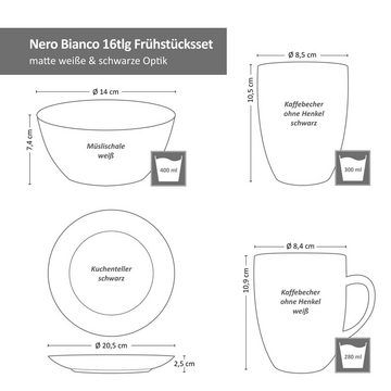 MamboCat Frühstücks-Geschirrset Nero Bianco 16-tlg. Frühstücksset Weiß Schwarz 4 Personen, Steingut