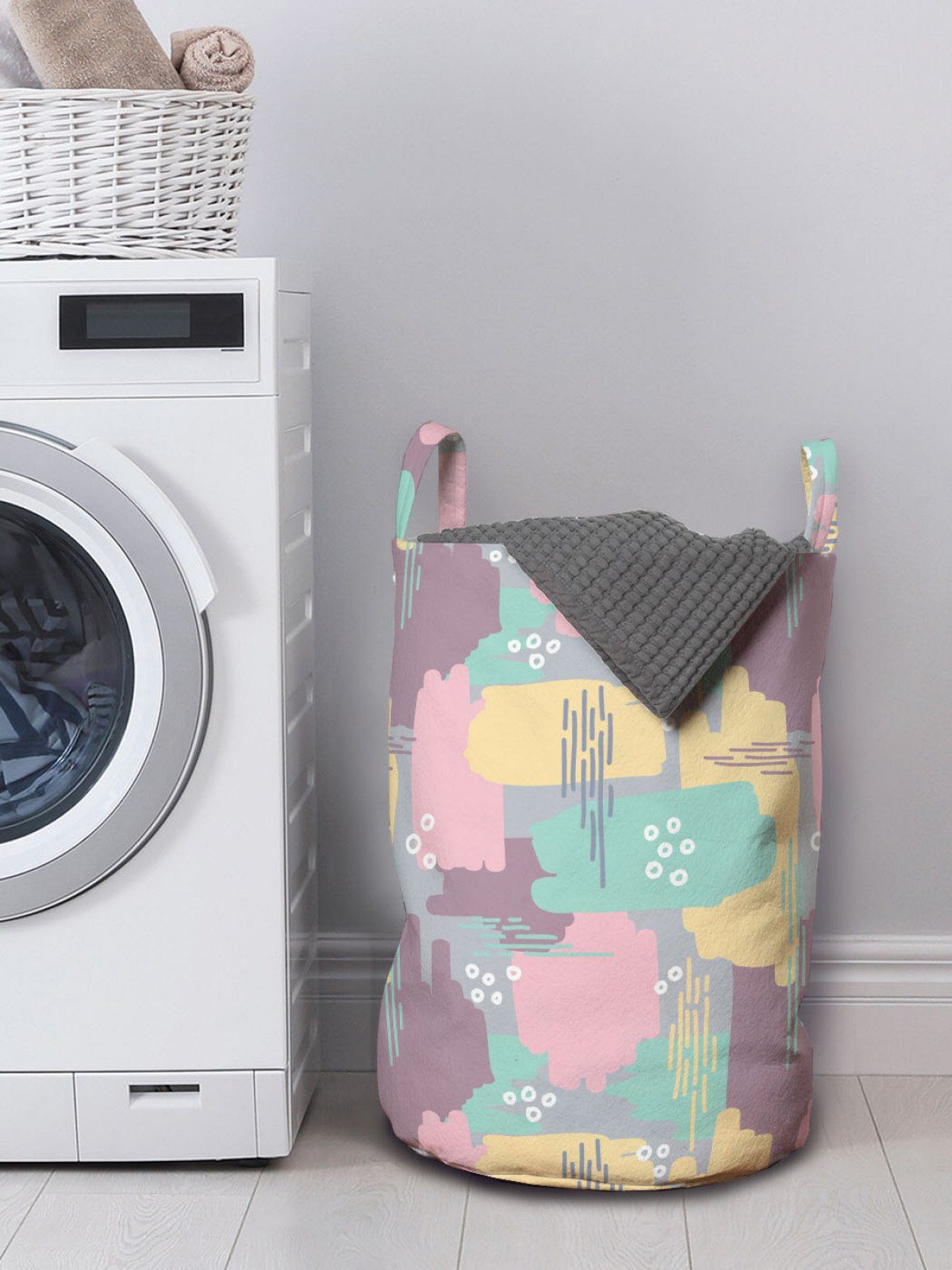 Wäschekorb mit Abstrakt Wäschesäckchen Griffen Kordelzugverschluss Funky für Waschsalons, Abakuhaus Conceptual Muster
