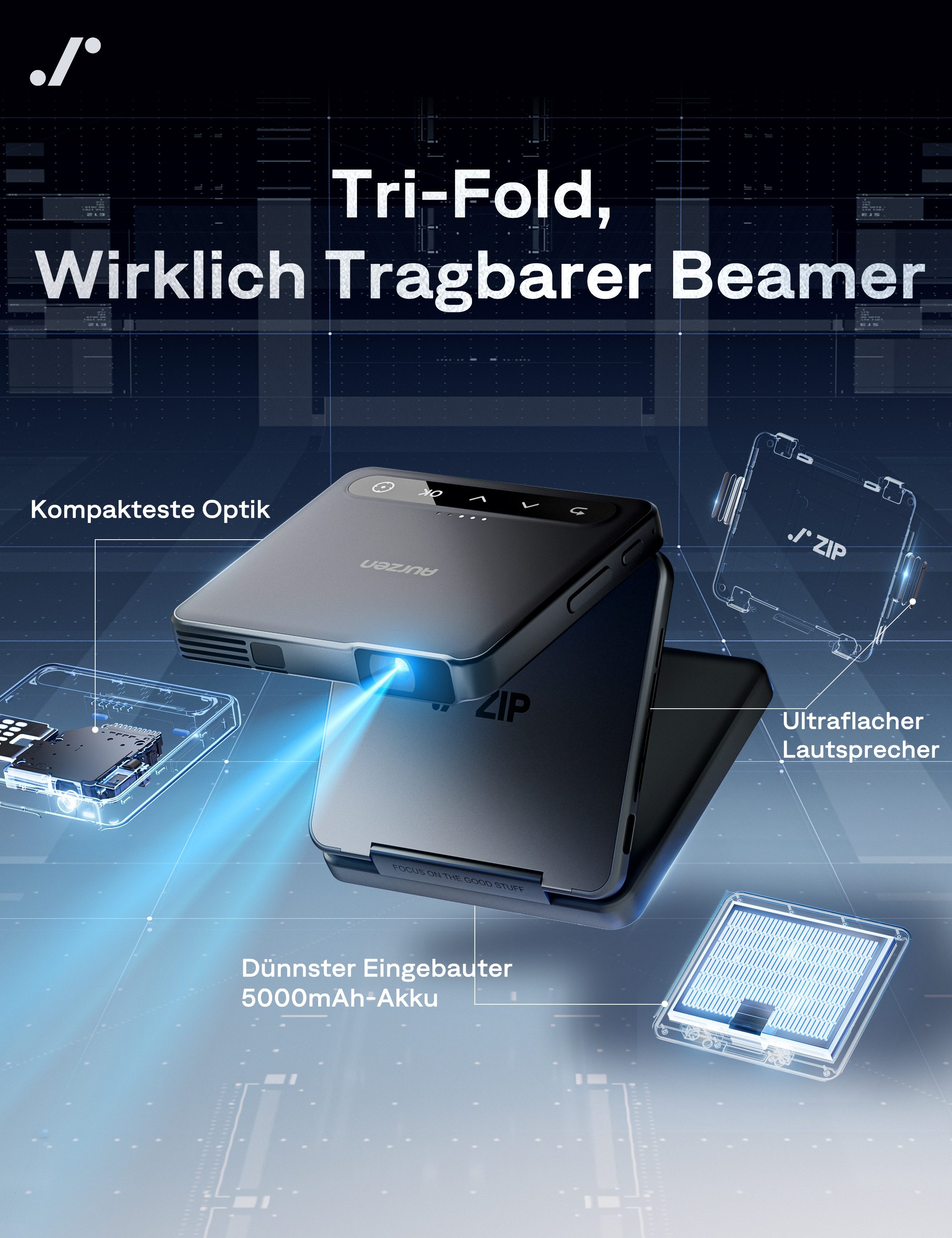 Aurzen 4K Unterstützt ZIP Tri-Fold DLP Mini-Projektor Taschenformat Beamer (1920 x 1080 px, Autofokus ohne Verzögerung, 1-Klick-Spiegelung, Vollbildmodus)