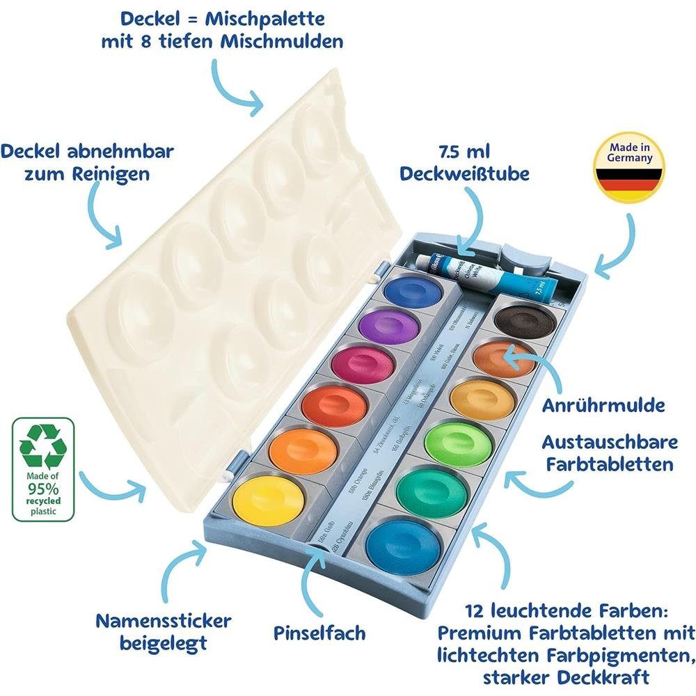 Pelikan Farbkasten Deckfarbkasten K12® eco mit 12 Farben, und Deckweiß Malkasten Schulmalfarben