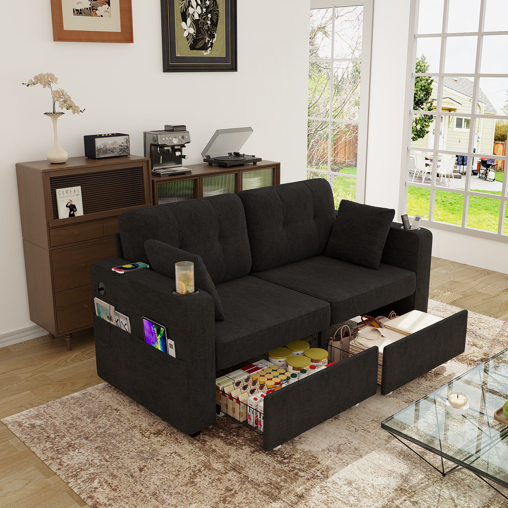 HAUSS SPOLE Schlafsofa mit Getränkehaltern,Loungesofa mit Schubladen & Seitentaschen,Schwarz, Relaxsofa mit Durchdachtes Armlehnen-Design, für Wohnzimmer, Wohnungen und Leseecken