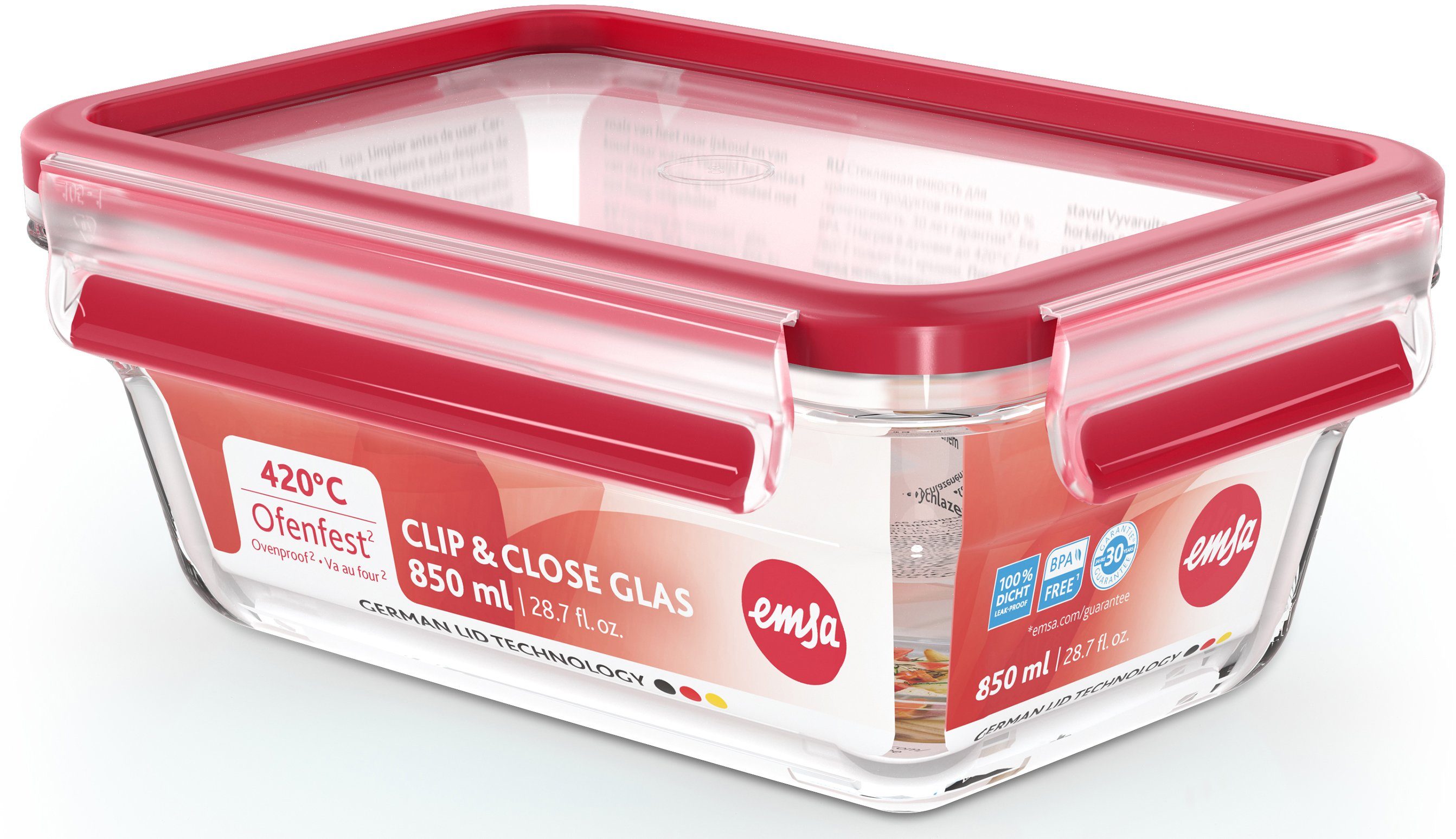 Emsa Frischhaltedose Clip & Close Glas Set, rechteckig, 100 % dichte Aufbewahrungsboxen, Glas, (Set, 4-tlg., 4 Dosen mit Deckel), spülmaschinen-, gefrier-, backofen-, mikrowellenfest