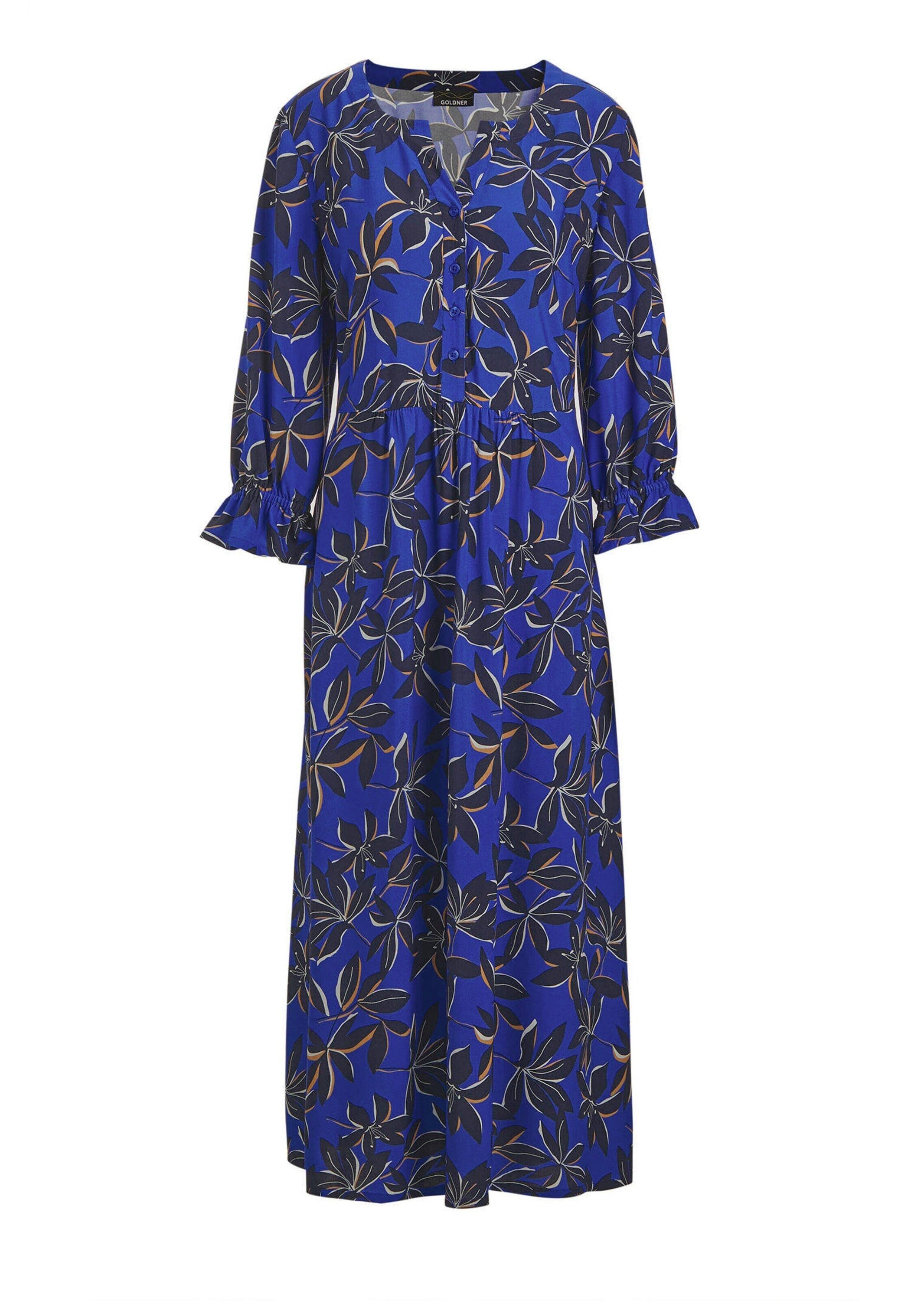 GOLDNER Sommerkleid Fließendes Viskosekleid mit V-Ausschnitt Romantisches Blätter-Dessin, 3/4-Ärmel mit Rüschen, Midilänge