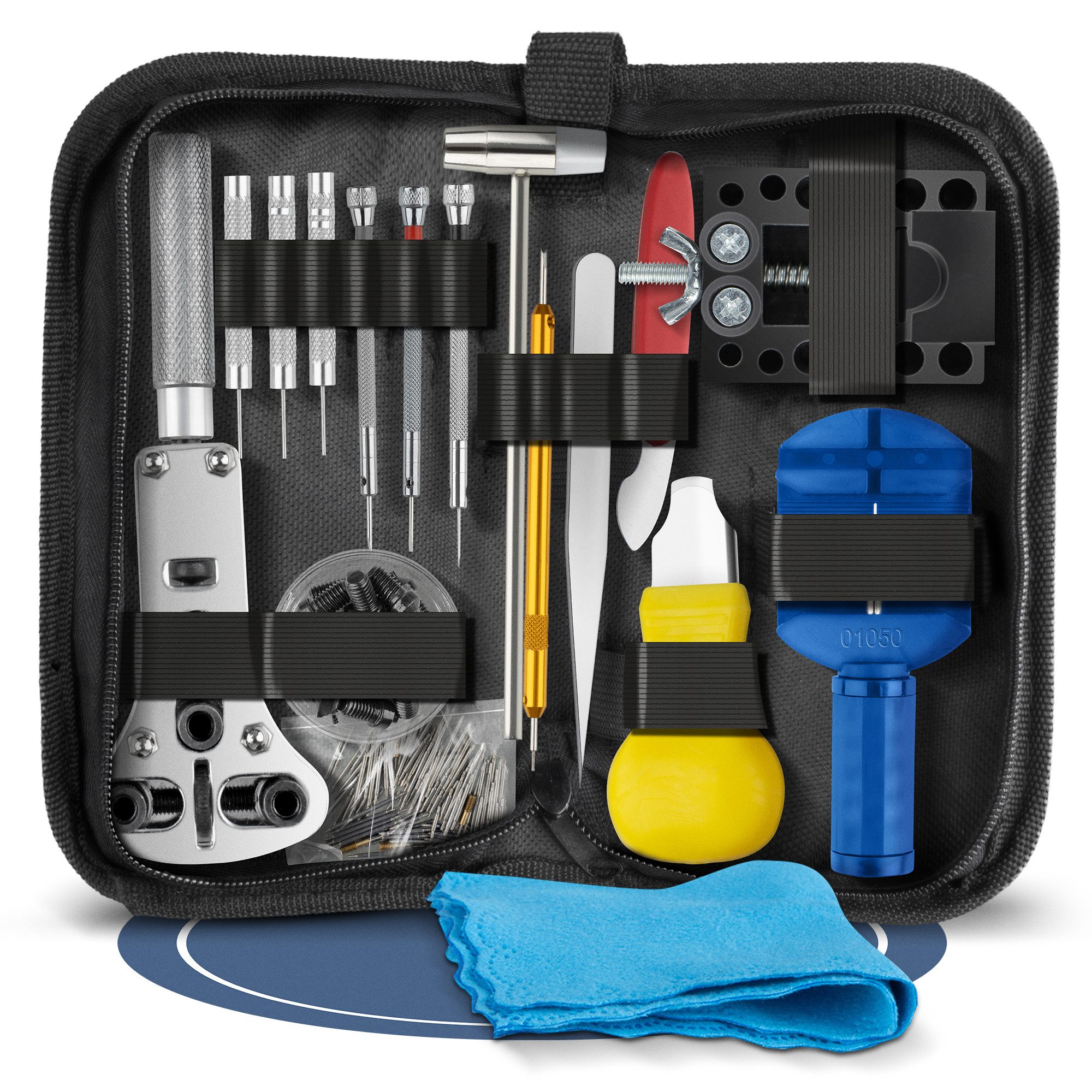 Lascano Schmuckset Uhrenwerkzeug (148-teiliges Uhrmacherwerkzeug Set, 1-tlg., Premium Uhrenwerkzeug mit Poliertuch), Mit Uhrenöffner für Batterie-& Dichtungswechsel