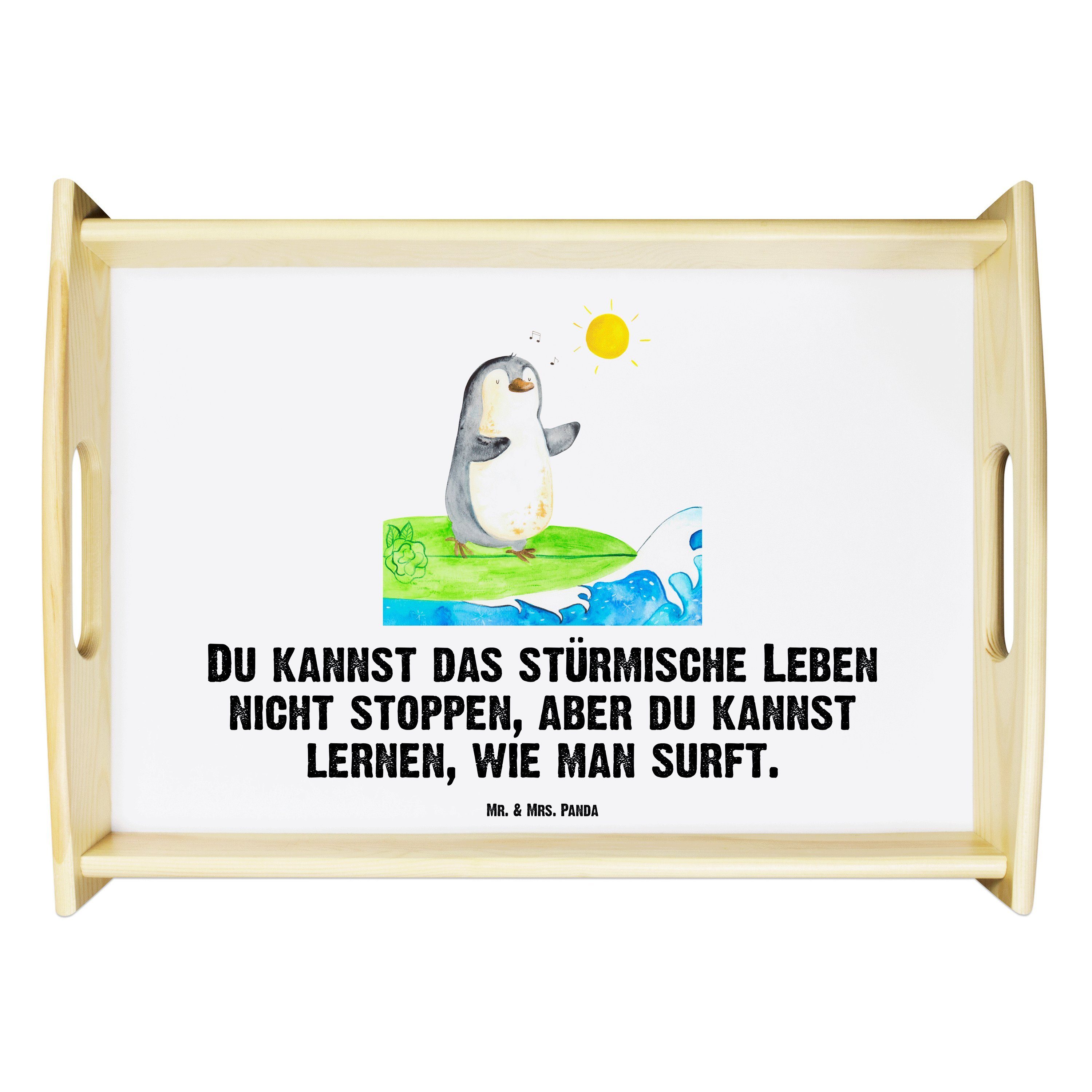 Mr. & Mrs. Panda Tablett Pinguin Surfer - Weiß - Geschenk, Wellen, Dekotablett, Tablett, Hawai, Echtholz lasiert, (1-tlg)
