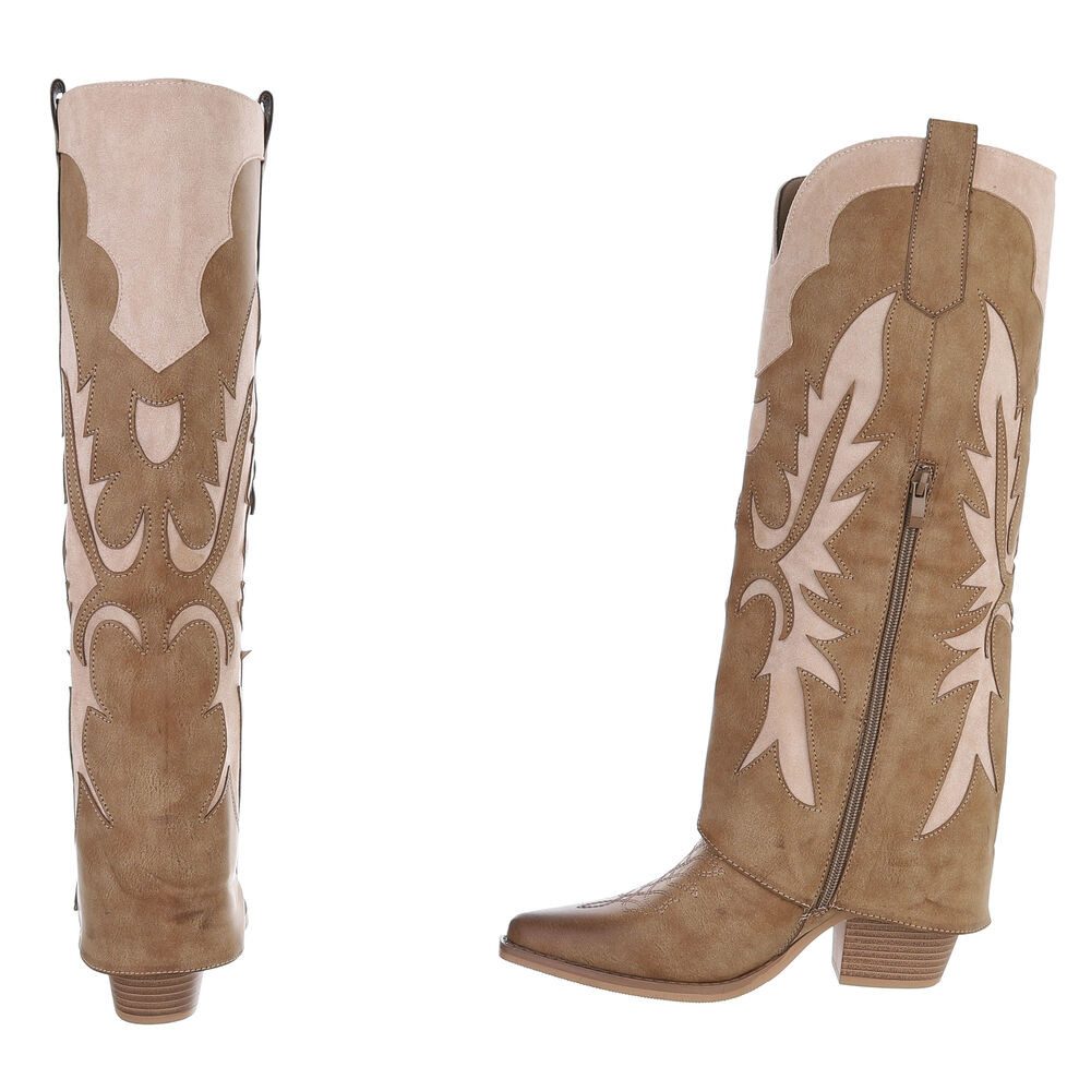 Ital-Design Hochwertige Damen-Stiefel mit kunstvollem Design für Alltag Westernstiefel (90755952) Blockabsatz Stiefel in Hellbraun