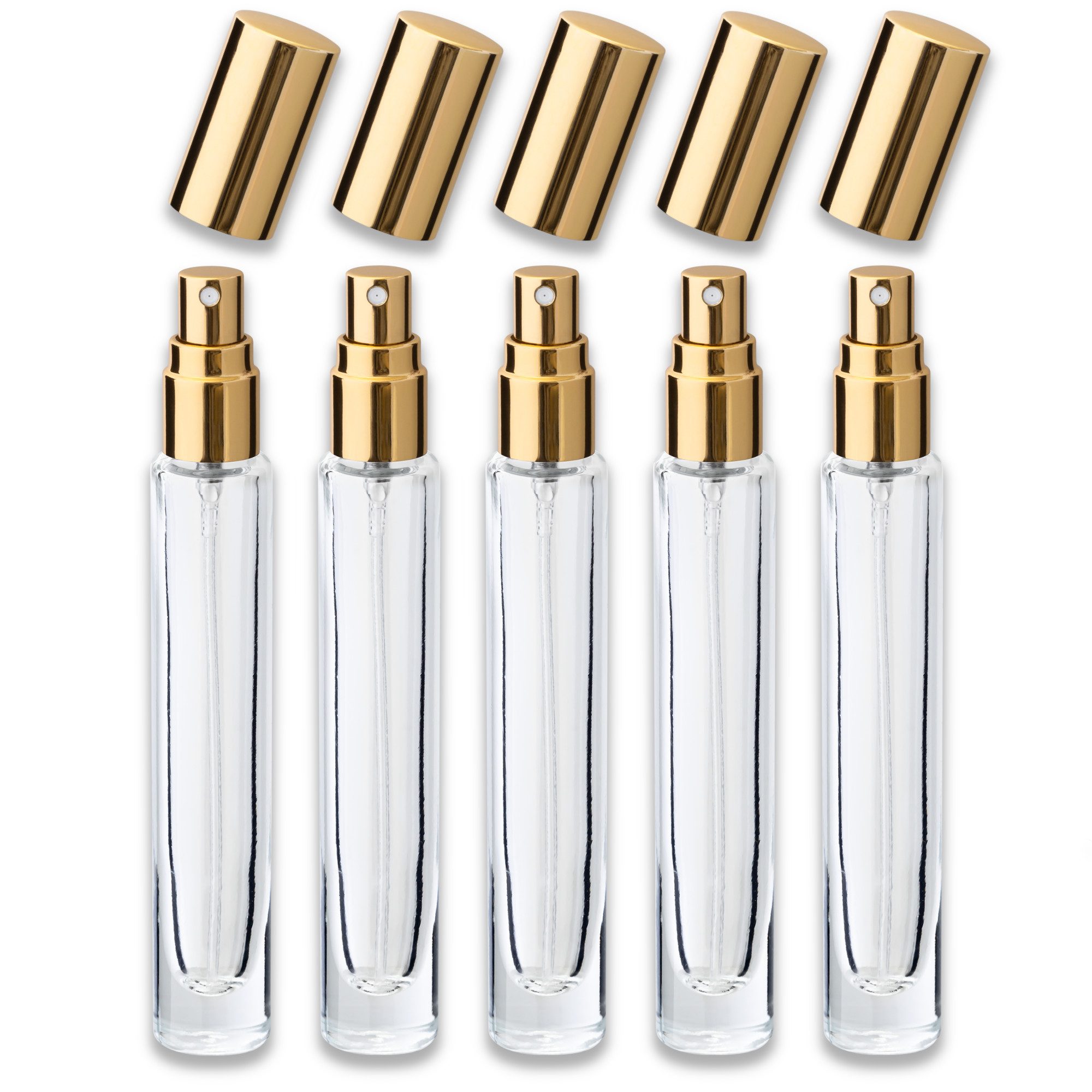 CK Verpackung GmbH Parfümzerstäuber 5x Glasflasche klar 10 ml rund mit goldenem Zerstäuber Parfümflakon (Set x5)