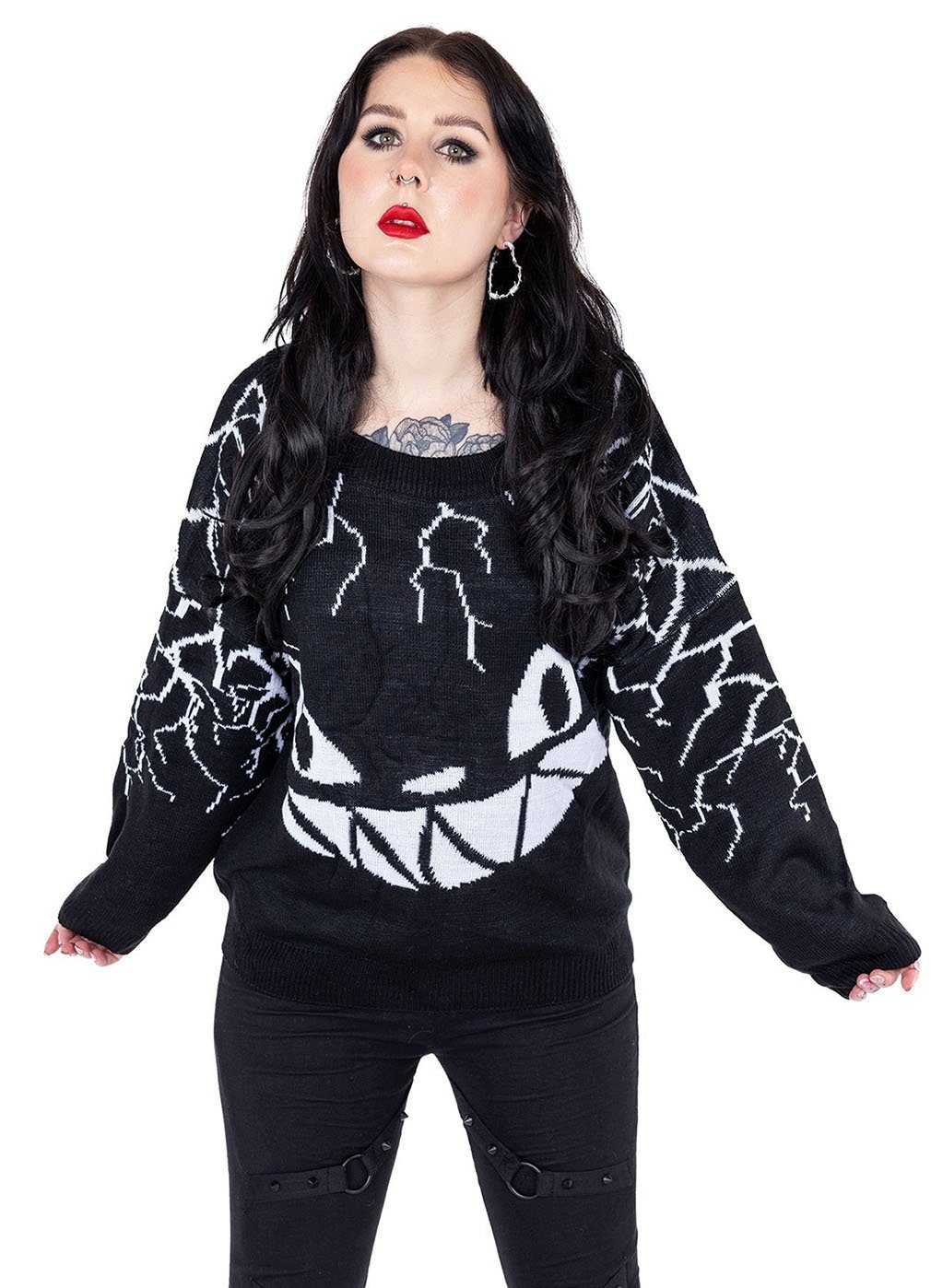 Heartless Strickpullover Sinister Grin Strickpulli Gothic Katze Punk Grinsen Kitty Cat