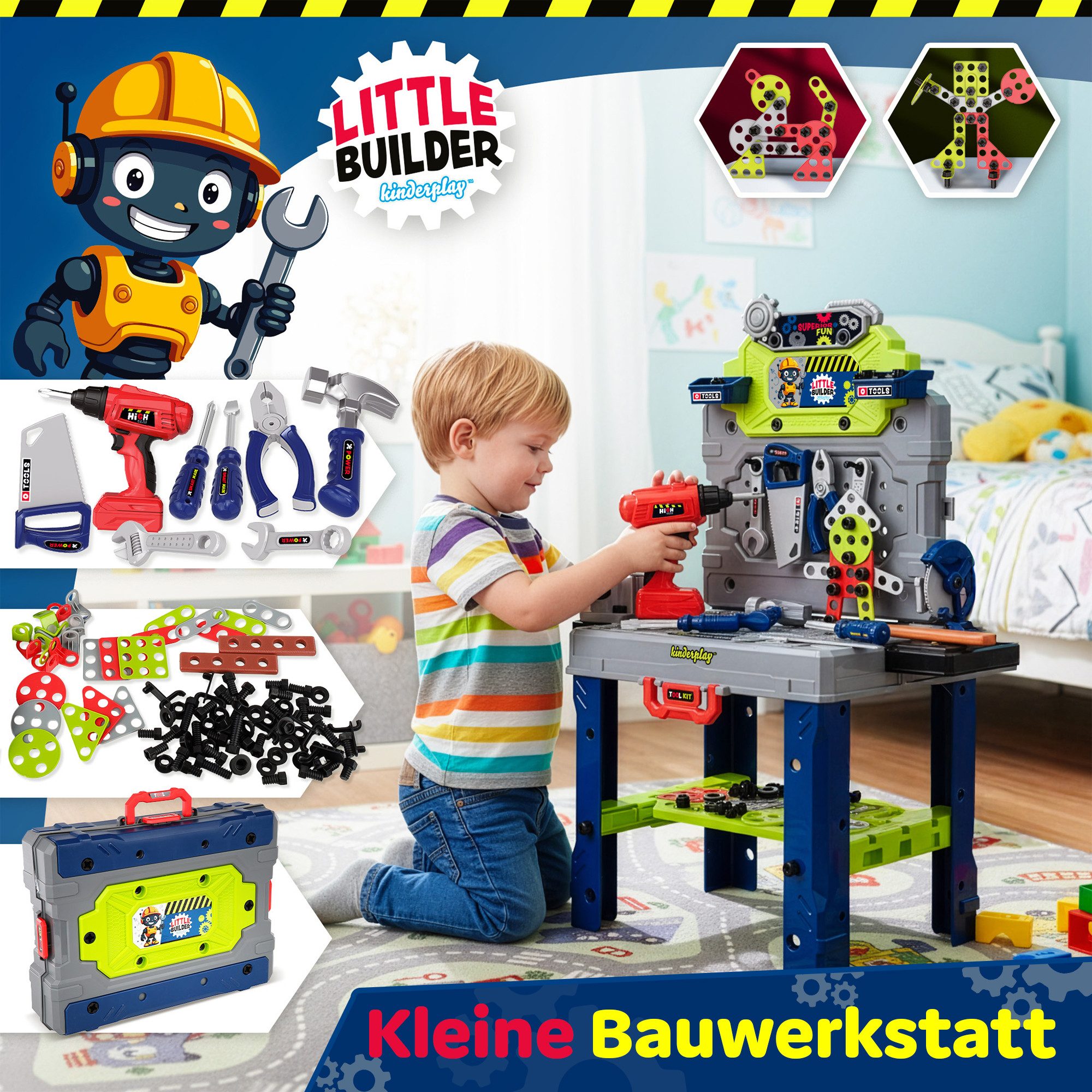 kinderplay Lernspielzeug Kinder Werkbank mit Bohrmaschine – Lernspielzeug – 2in1 Set
