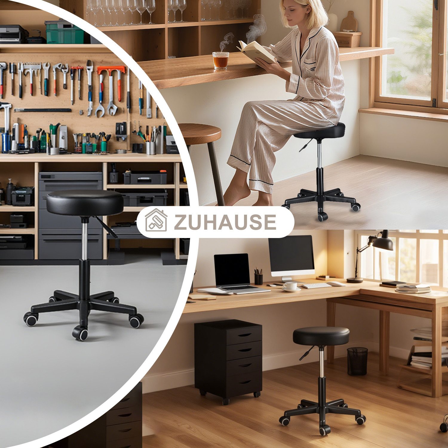 Zedelmaier Hocker Drehhocker Bürohocker Barhocker Arbeitshocker Polsterung, 44-58cm Höhenverstellbarer, 360°drehbar mit 5 Rollen