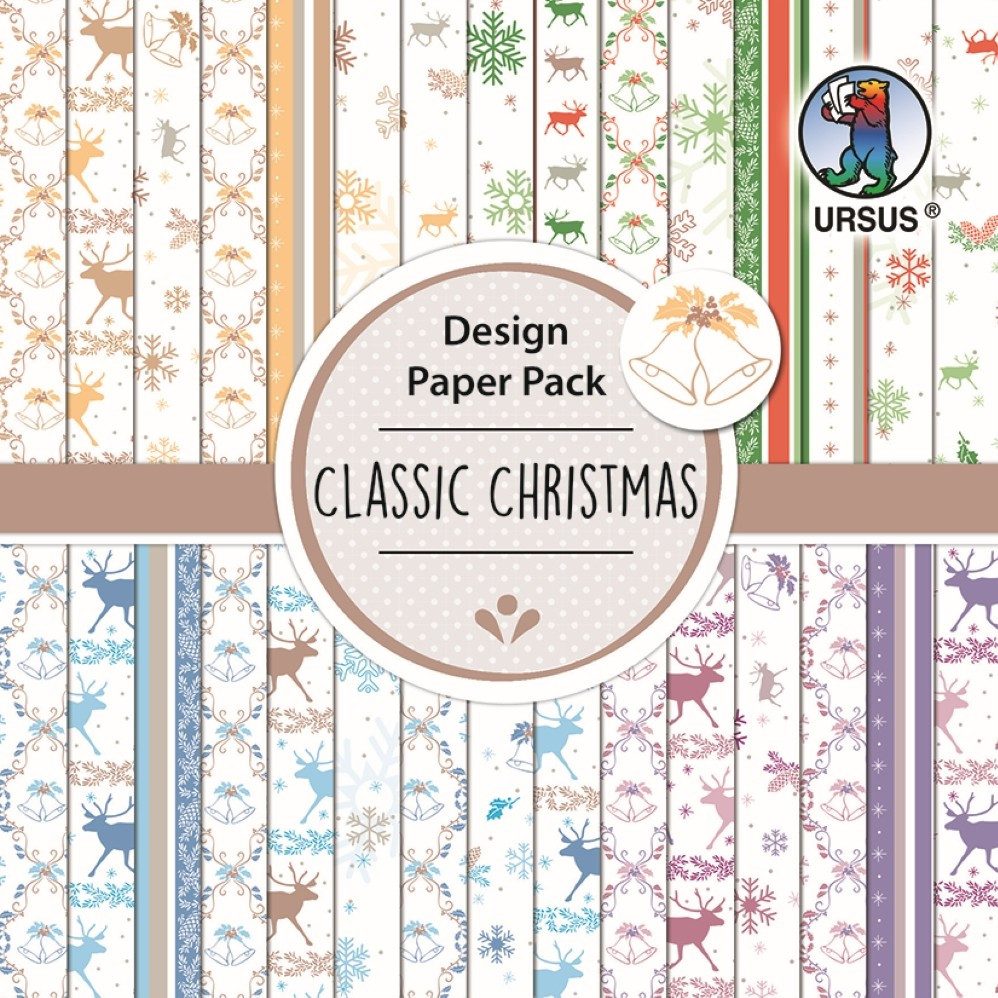 Ursus - Ludwig Bähr Bastelnaturmaterial URSUS Design Paper Pack, Classic Christmas, 190g, 15x15cm, 30 Blatt