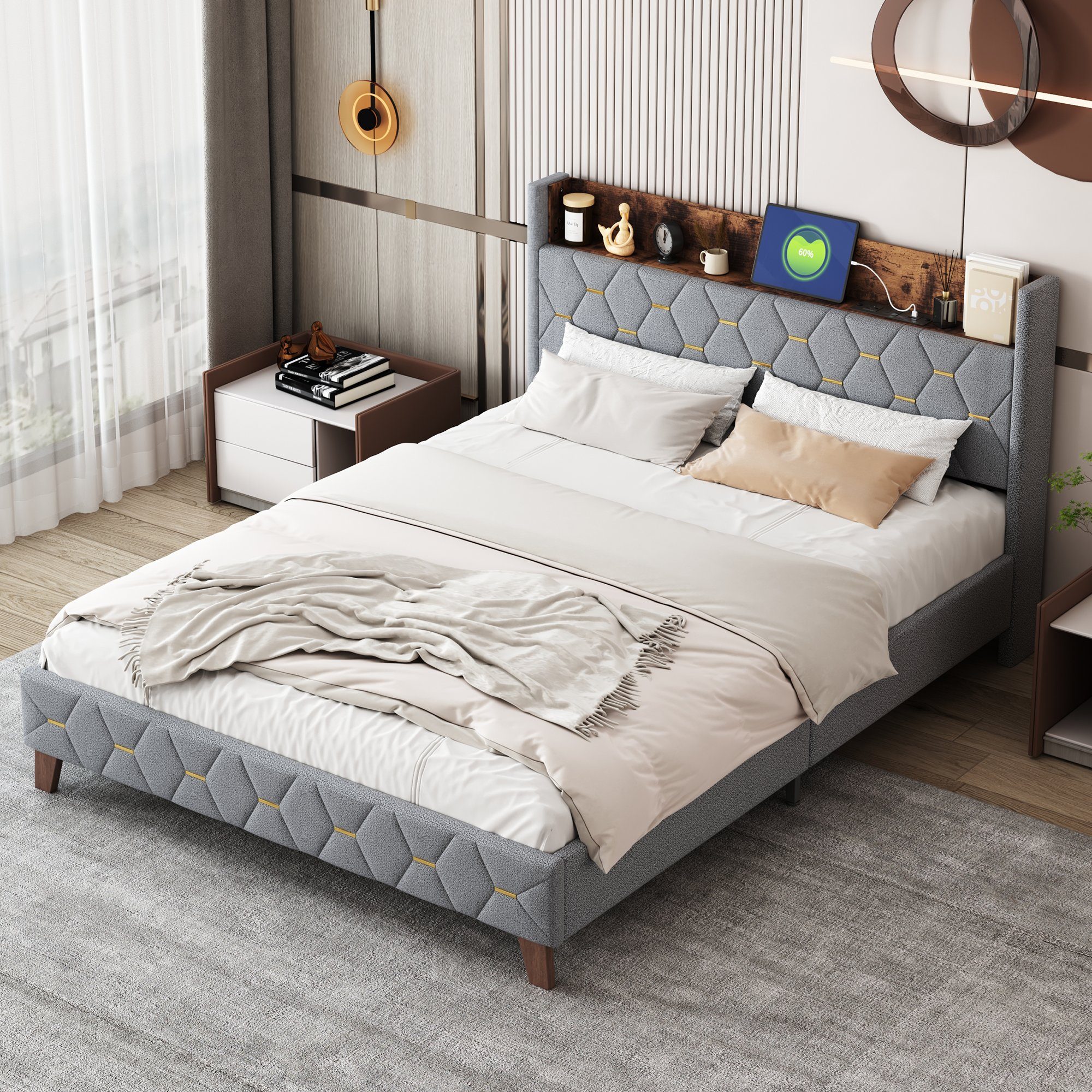 Polsterbett (Doppelbett 160x200cm mit Lattenrost), mit Stauraum am Kopfteil und USB-Anschluss, Bezug aus Samt