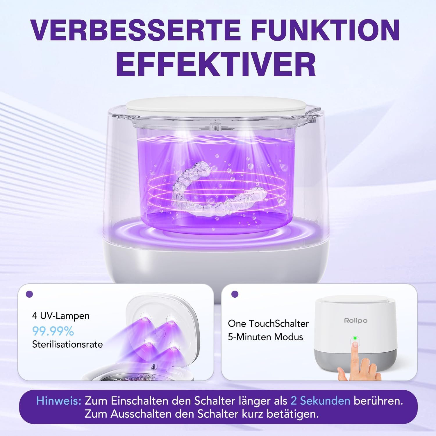 Rolipo Ultraschallreiniger Ultraschallreinigungsgerät Zahnschiene 320ML,45000Hz, Retainer Cleaner mit 4U-V Lampe,Ultrasonic Cleaner