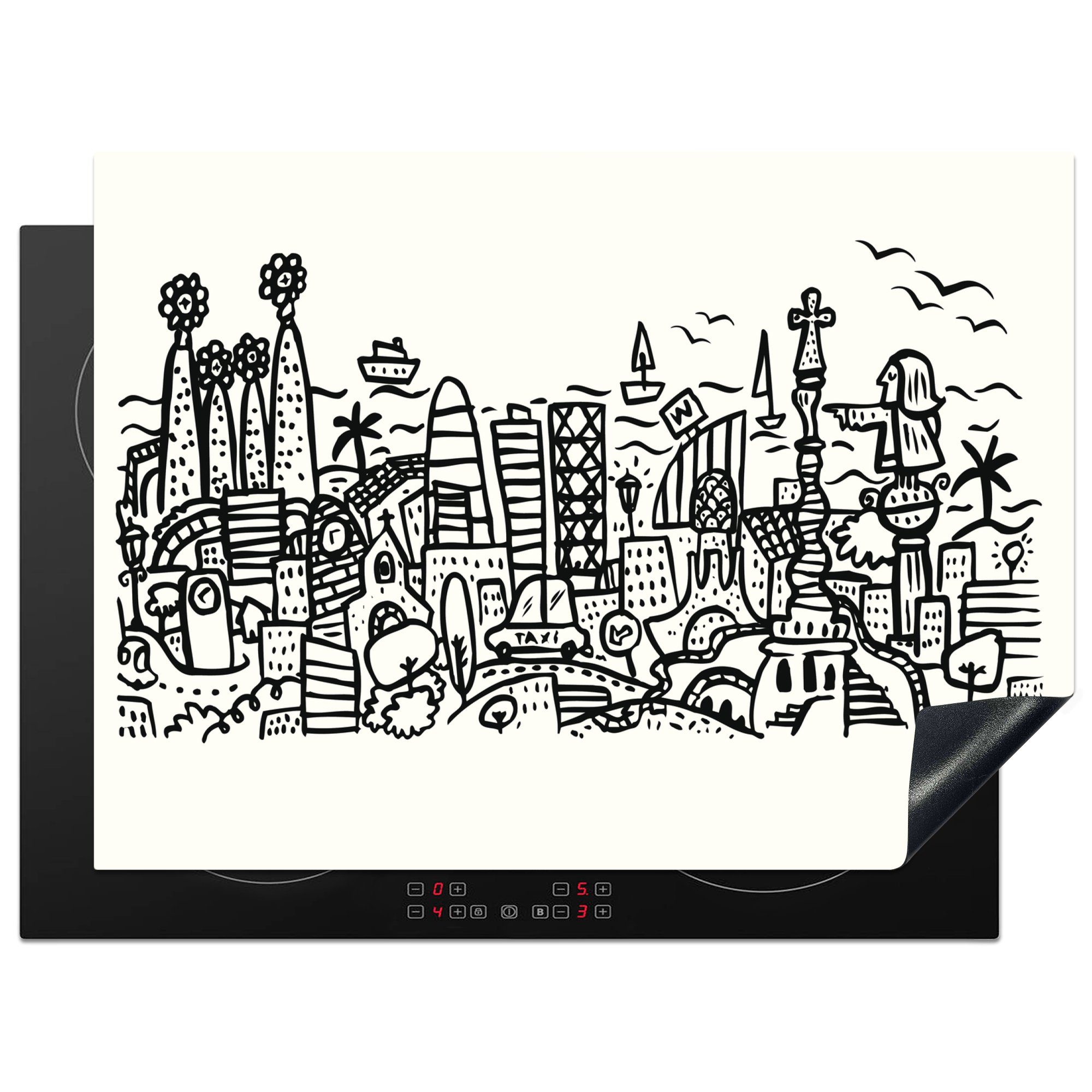MuchoWow Herdblende-/Abdeckplatte Eine Illustration Mobile wichtigsten seinen Ceranfeldabdeckung von Bauwerken, mit 70x52 cm, (1 tlg), nutzbar, Barcelona Vinyl, Arbeitsfläche