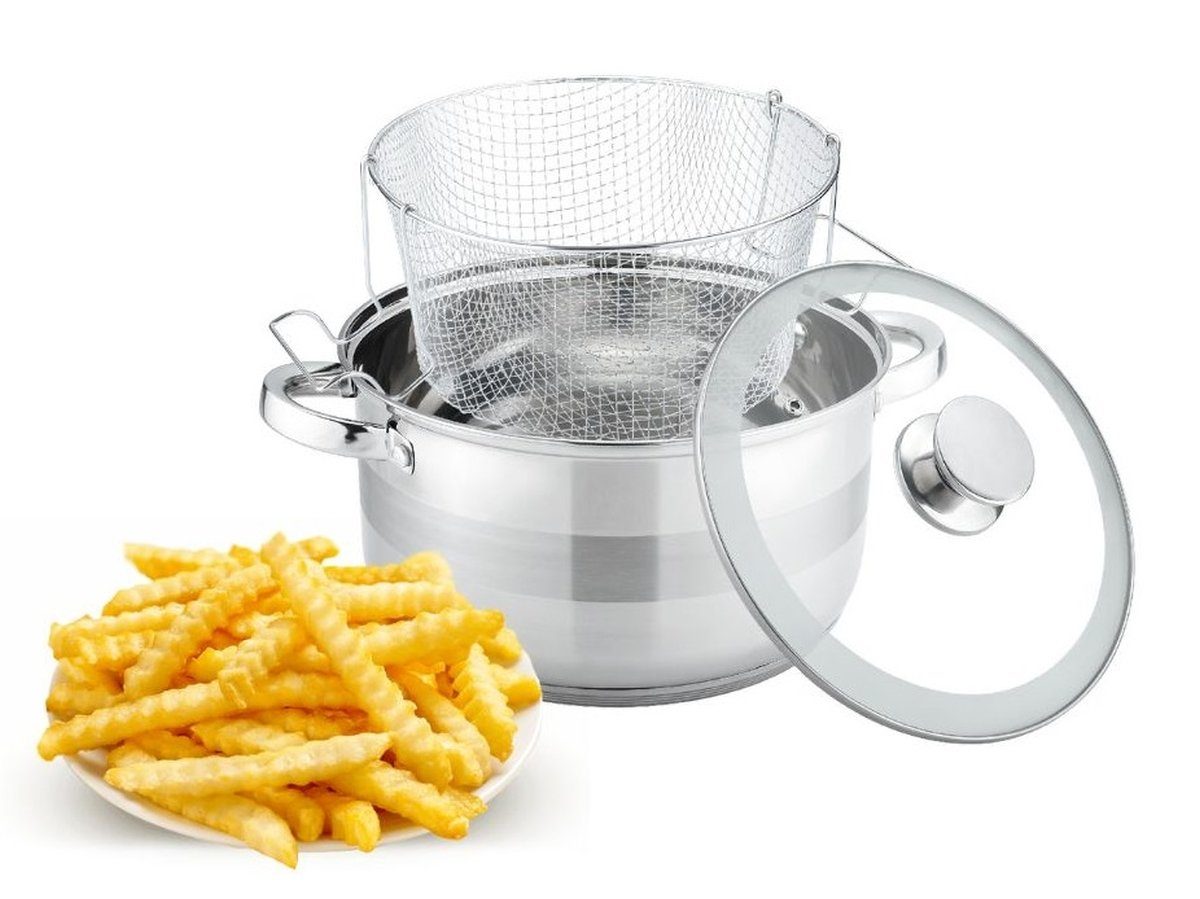 Cheffinger Topf-Set Frittiertopf Fritteuse Pommes Topf + Frittierkorb + Glasdeckel, Material: Glas, Edelstahl